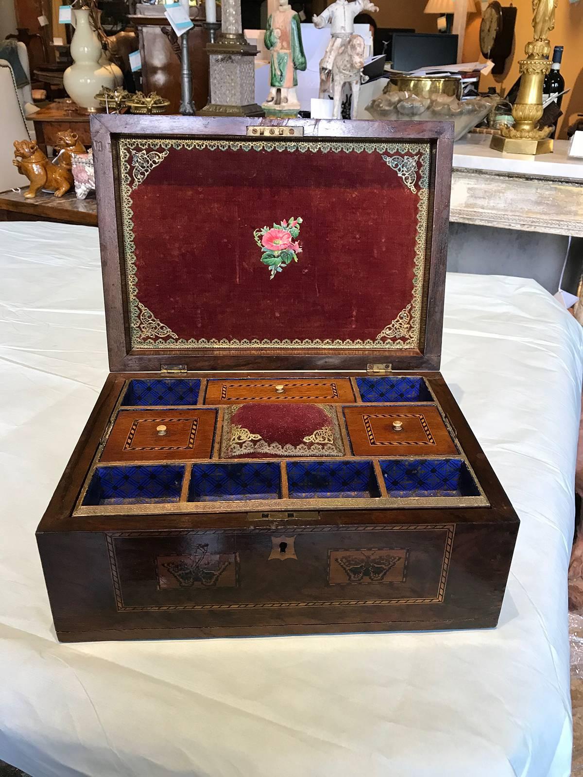 19th Century Wooden Sewing Box with Ship Inlaid 3