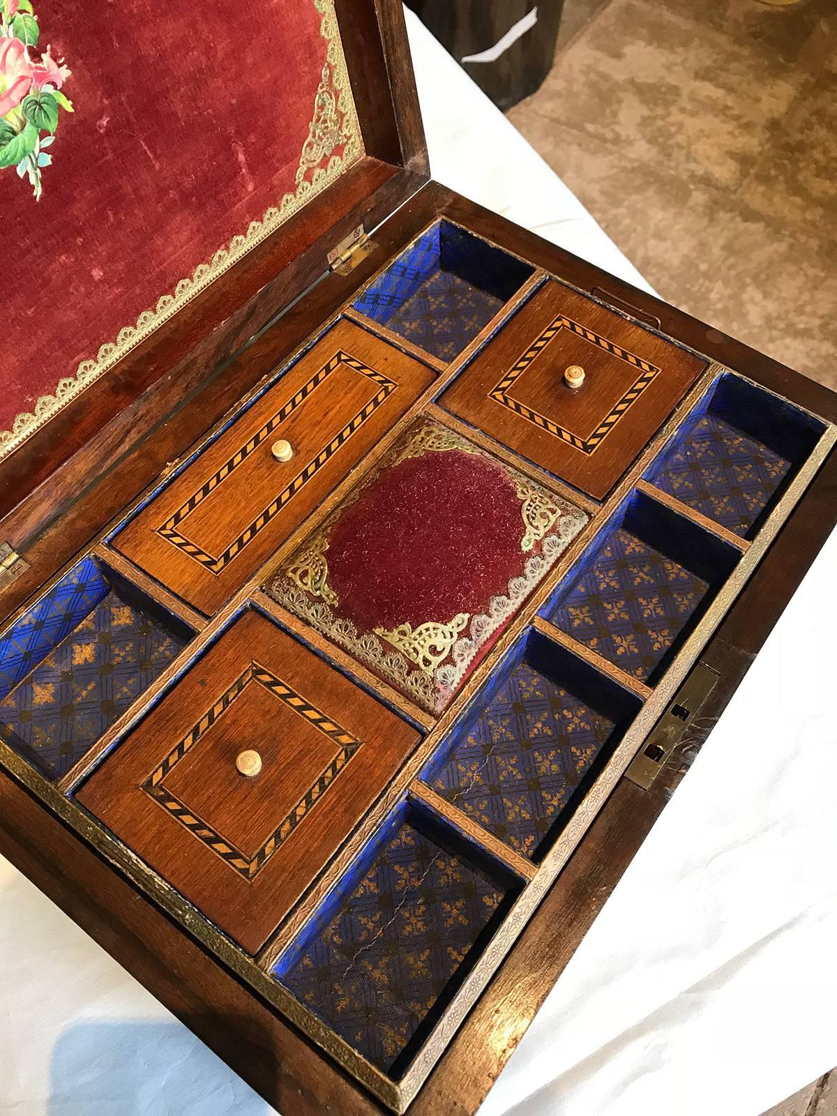 19th Century Wooden Sewing Box with Ship Inlaid 4