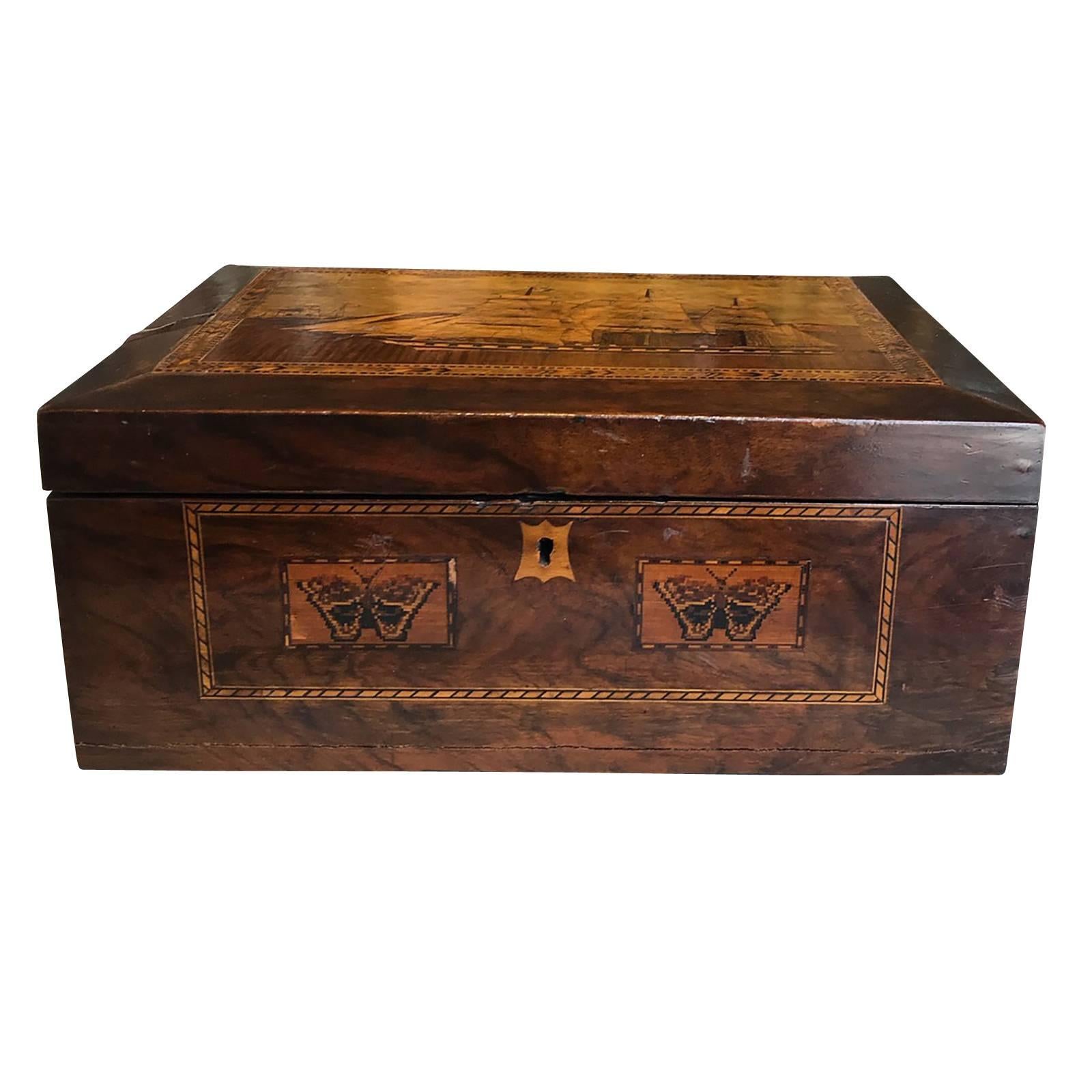 19th Century Wooden Sewing Box with Ship Inlaid
