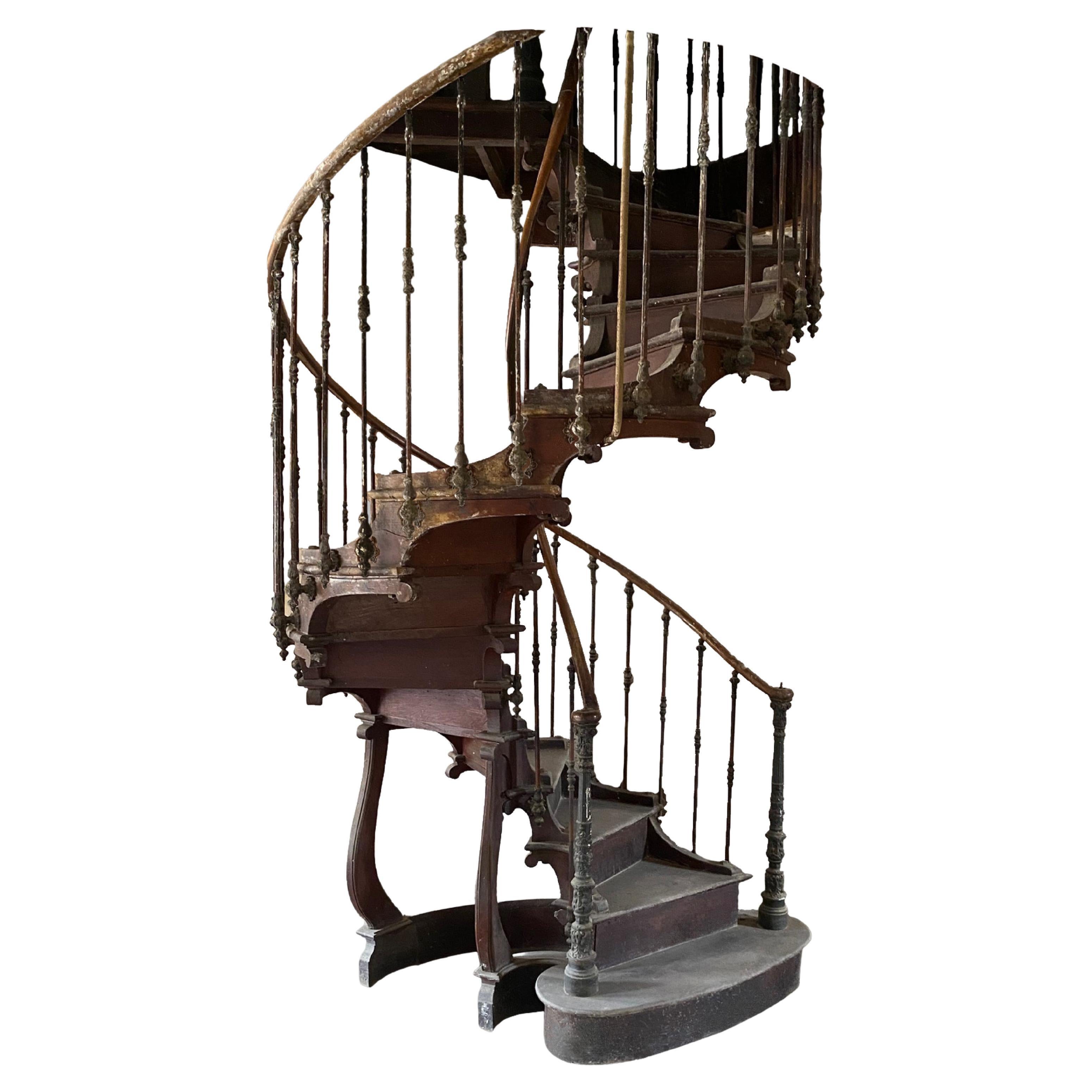 19th century wooden spiral staircase with hollow core For Sale