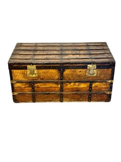 19th Century Wooden Travelling Trunk with Iron Straps