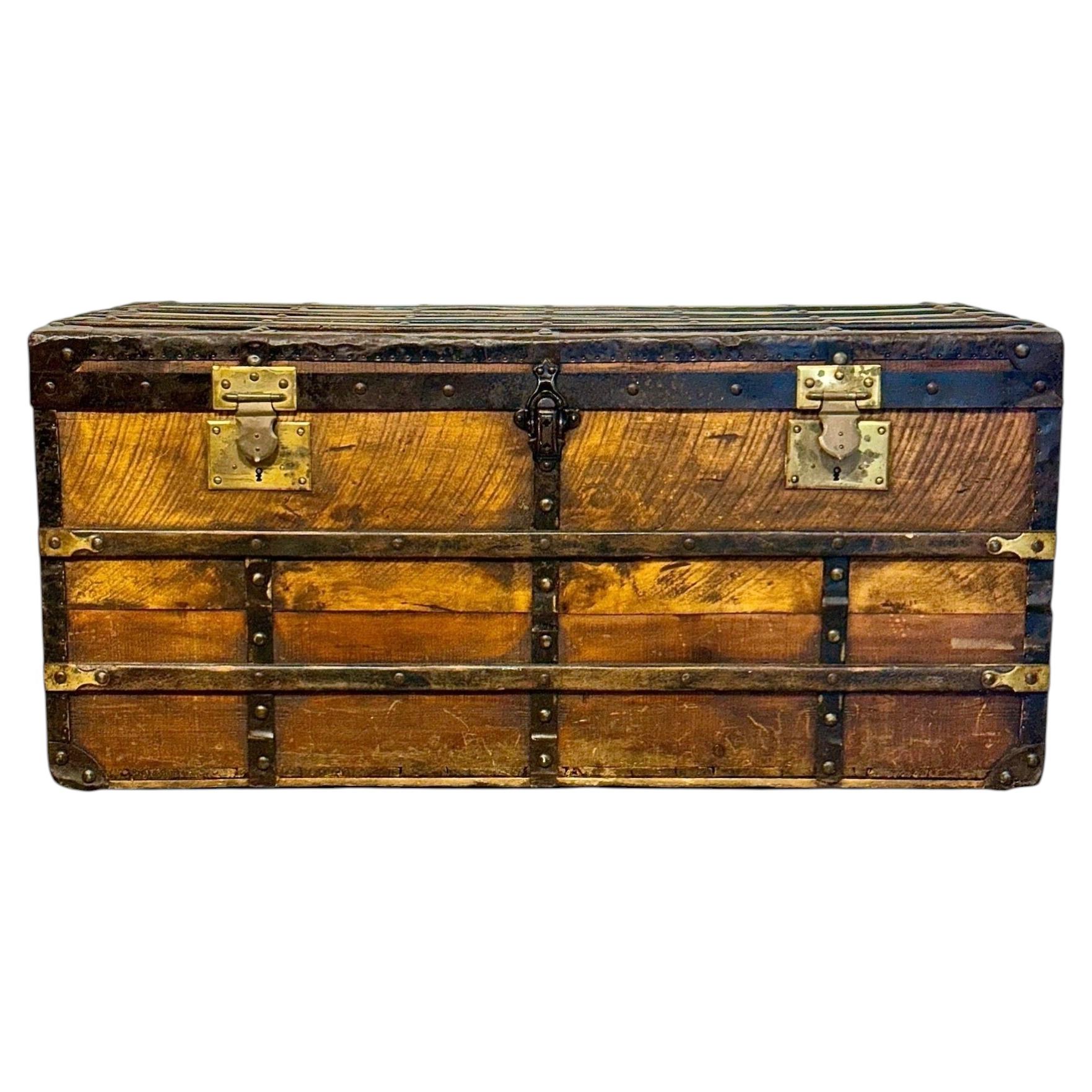 19th Century Wooden Travelling Trunk with Iron Straps