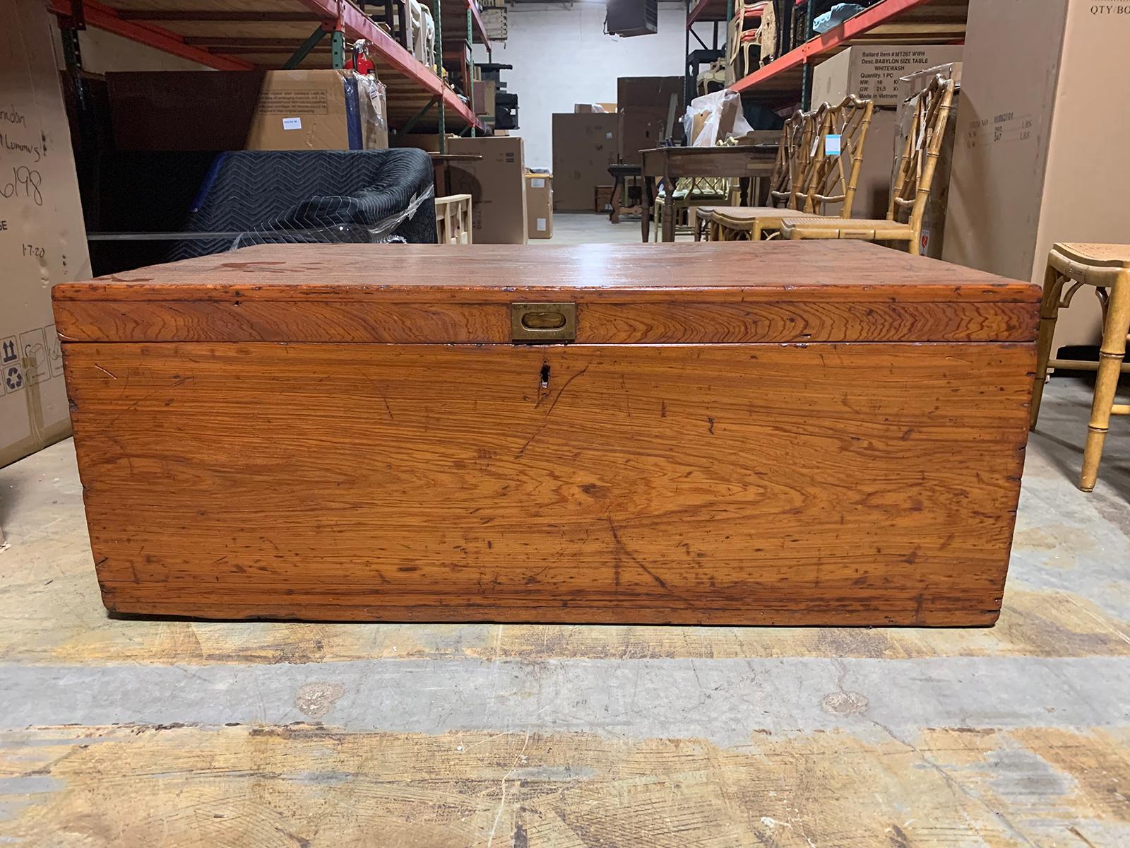 19th century wooden trunk with iron handles, large and unusual scale
Beautiful patina. Perfect size for a coffee table.