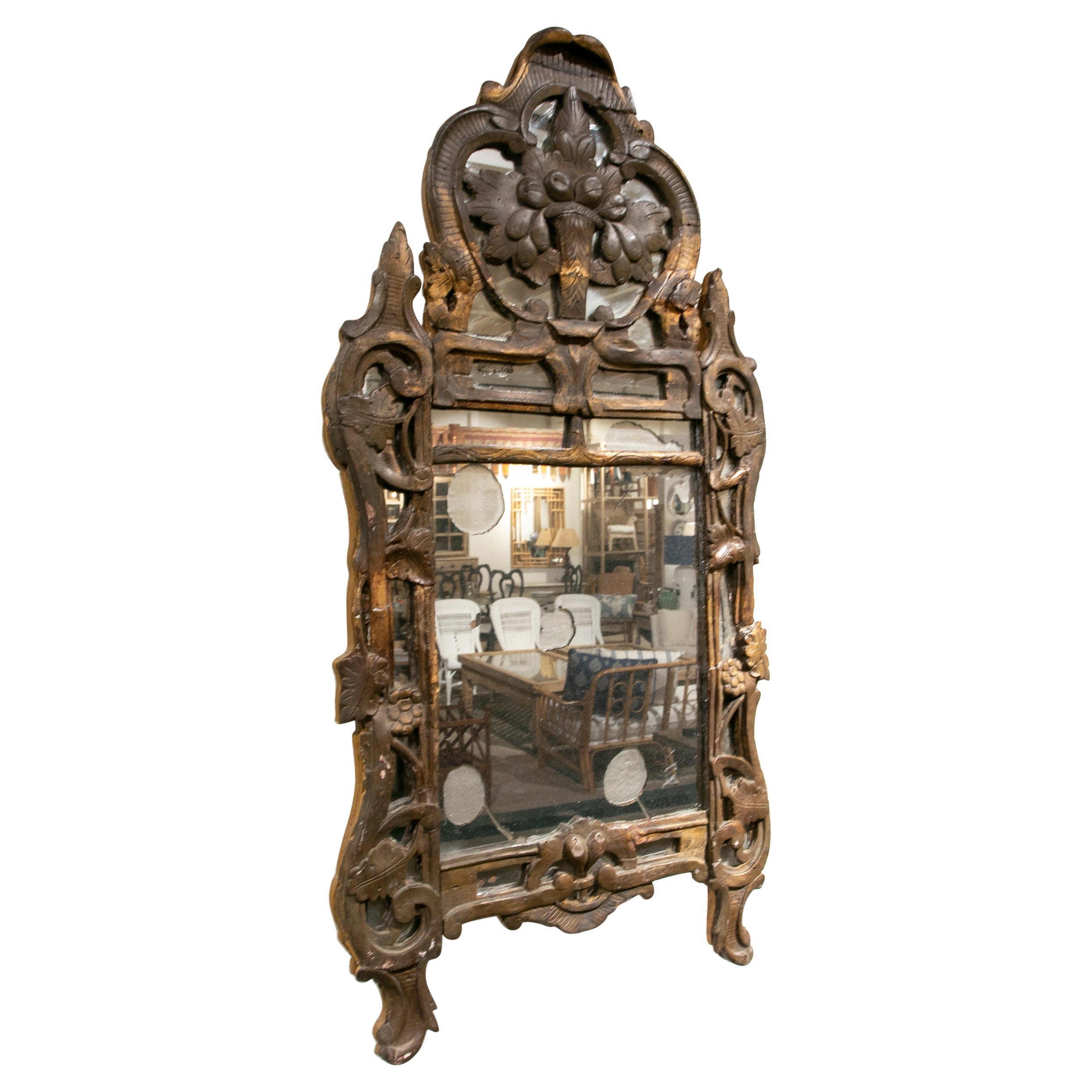 Holz-Wandspiegel des 19. Jahrhunderts, handgeschnitzt mit Goldtabletts