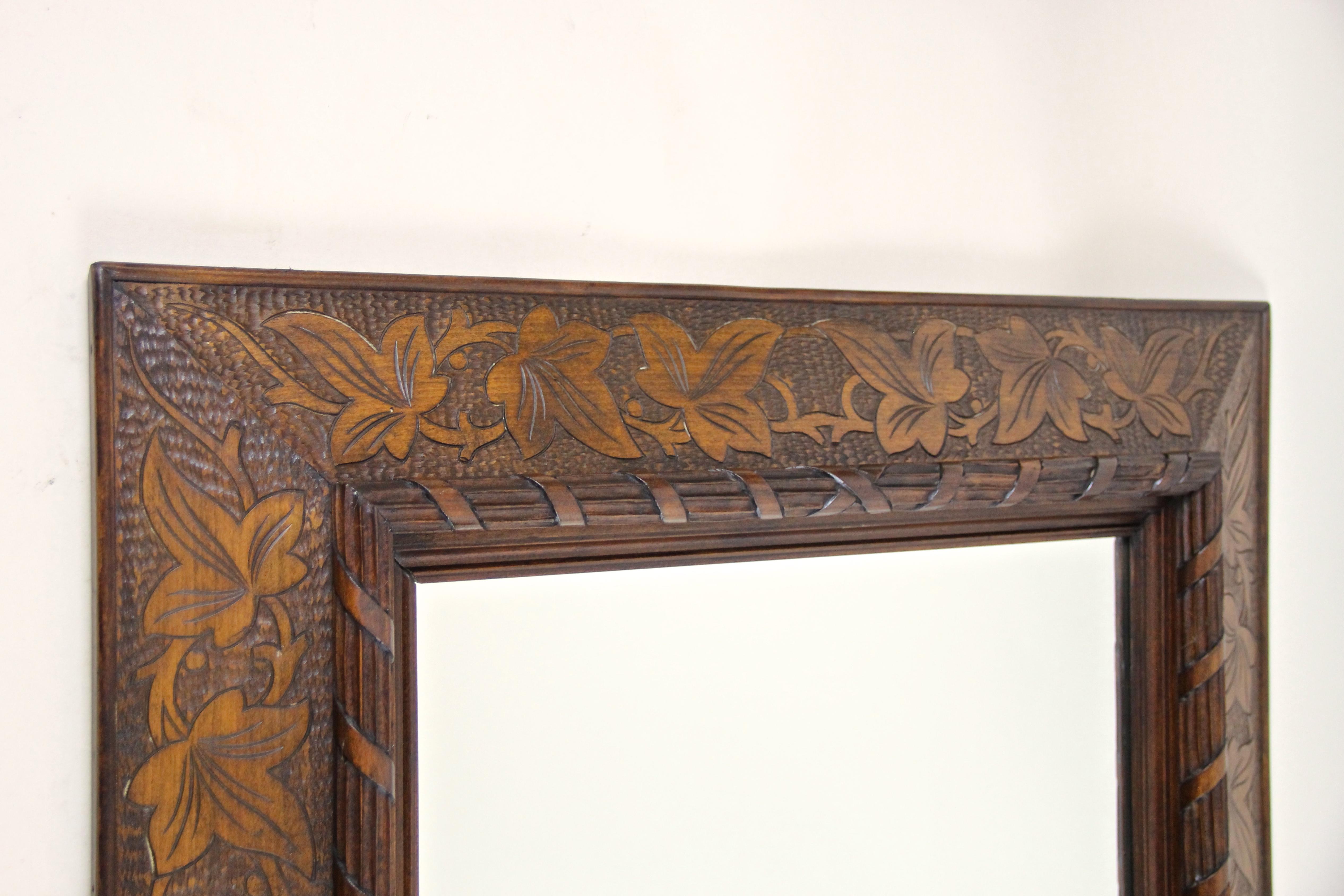 Hand-Carved 19th Century Wooden Wall Mirror with Ivy Leaf Carvings, Austria, circa 1890 For Sale