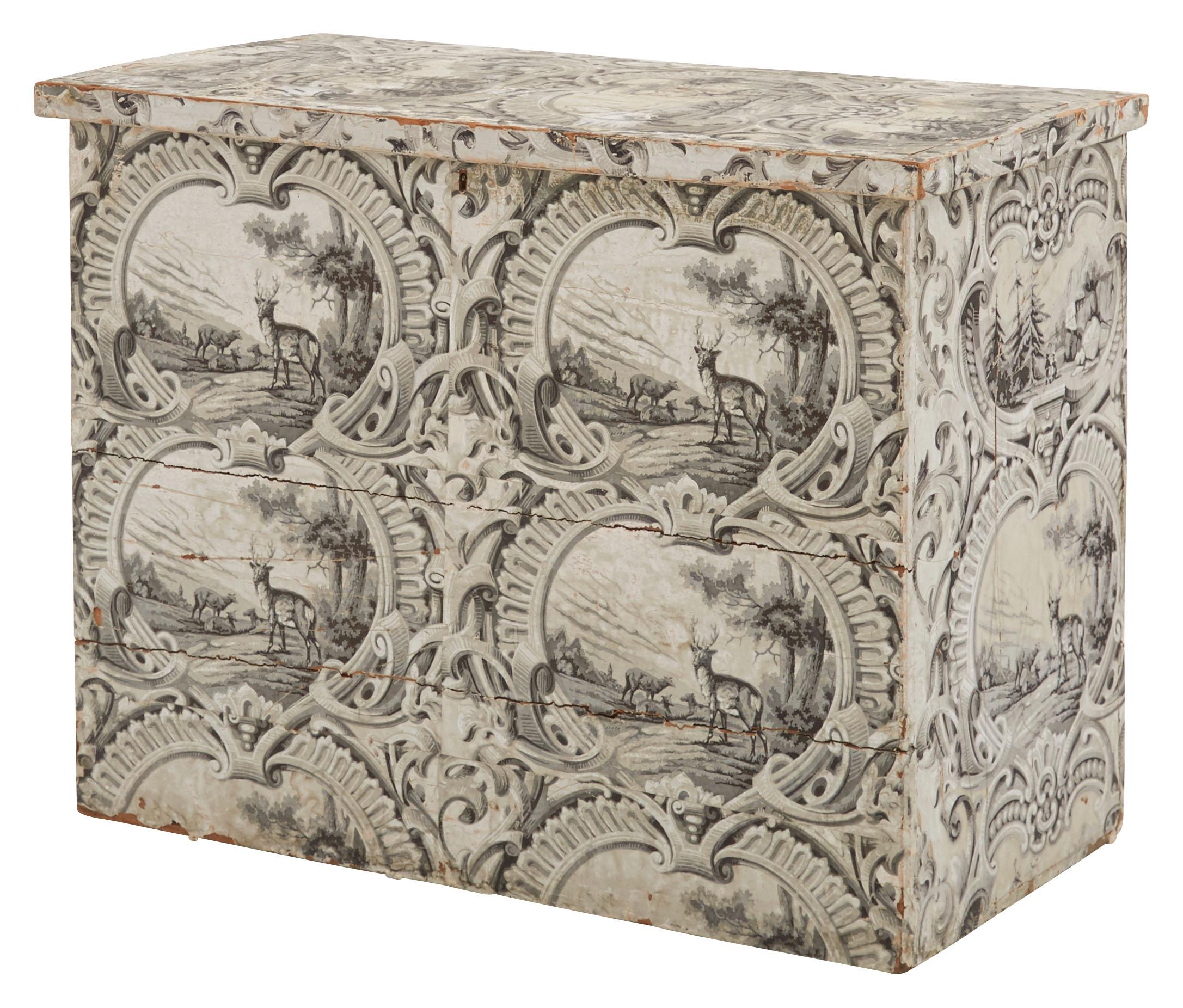 • Wood frame
• Interior and exterior covered in antique wallpaper
• 19th century
• American
• Measures: 36.75