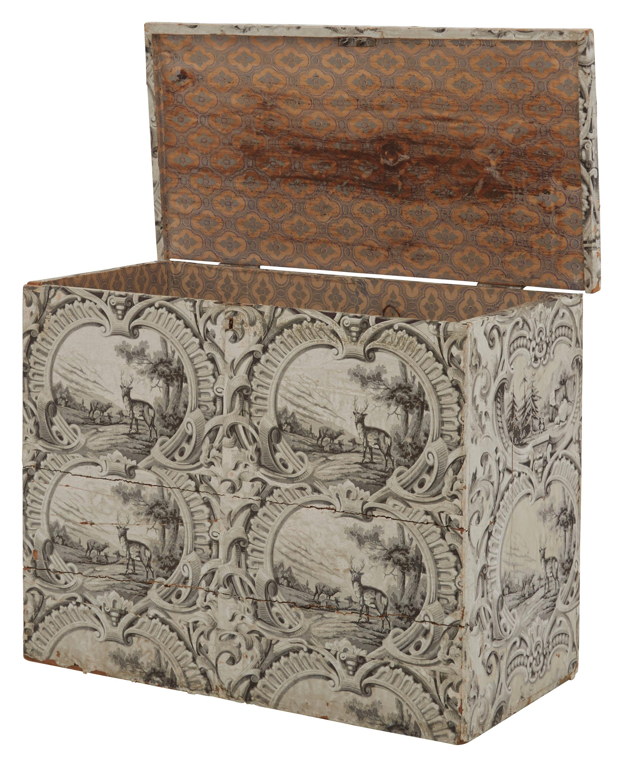 19th Century Wooden Wallpapered Chest 2