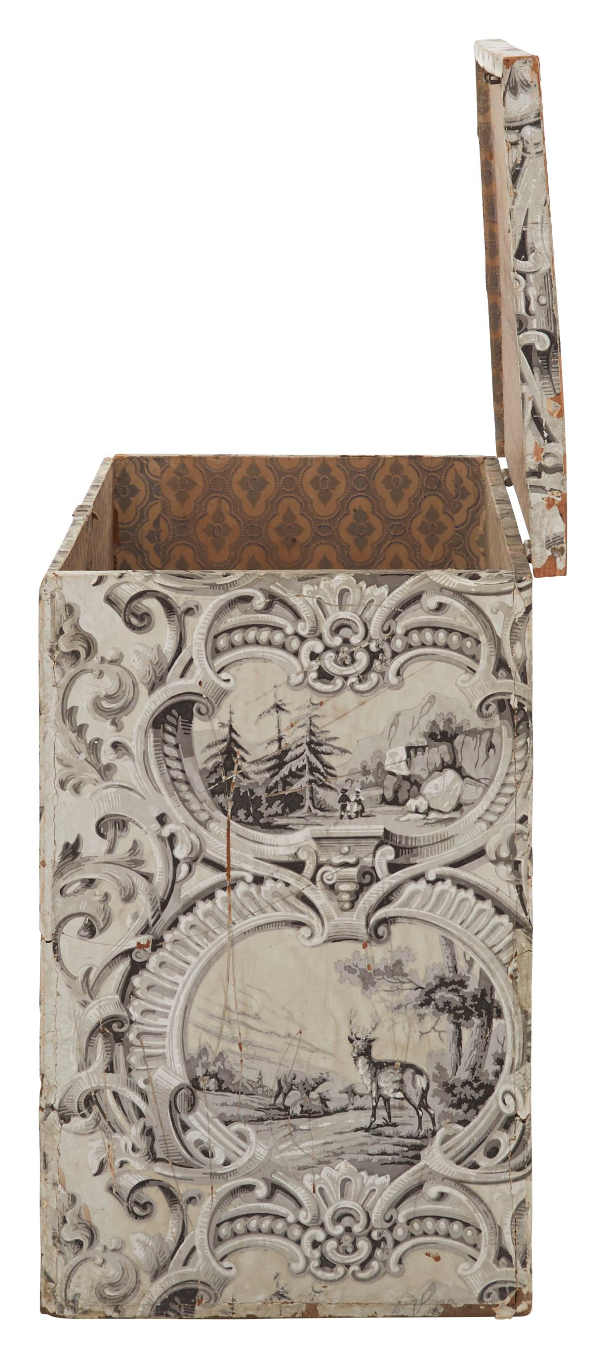 19th Century Wooden Wallpapered Chest 3