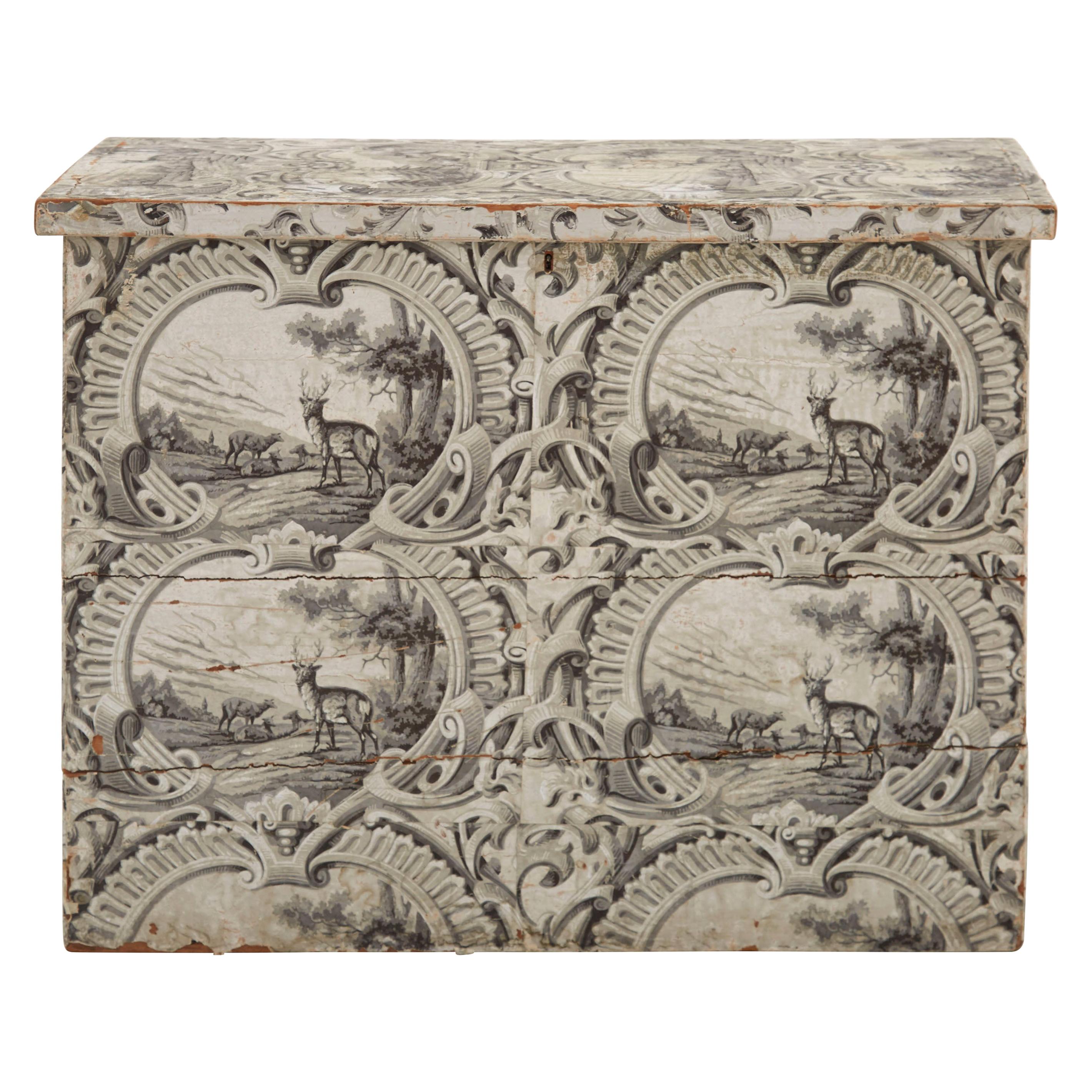 19th Century Wooden Wallpapered Chest