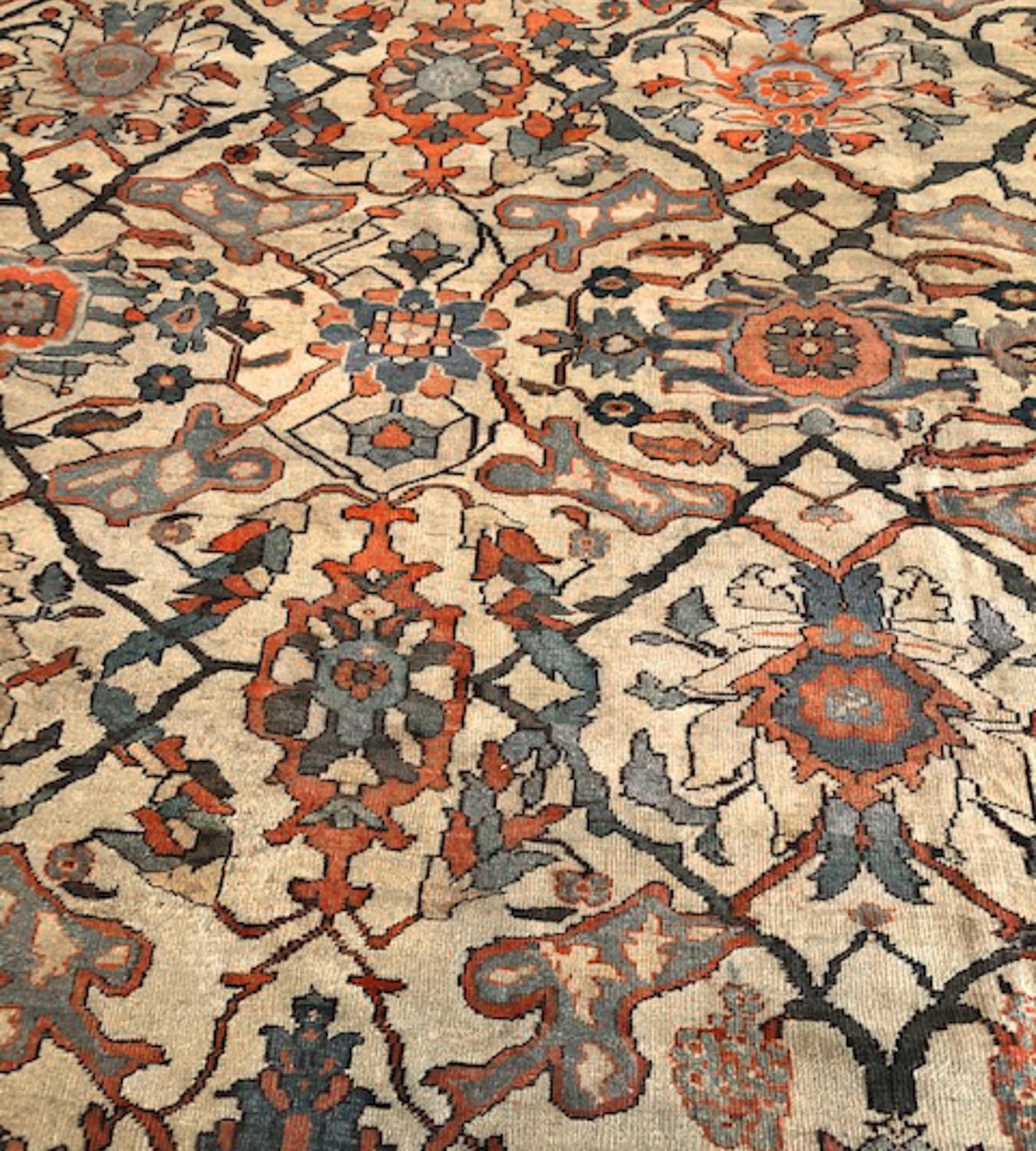 This traditional handwoven Persian Sultanabad rug has an ivory overall field with stylized palmettes issuing lozenge forming angled vine lattice, in a majestic charcoal geometric border, between delicate floral vine stripes.