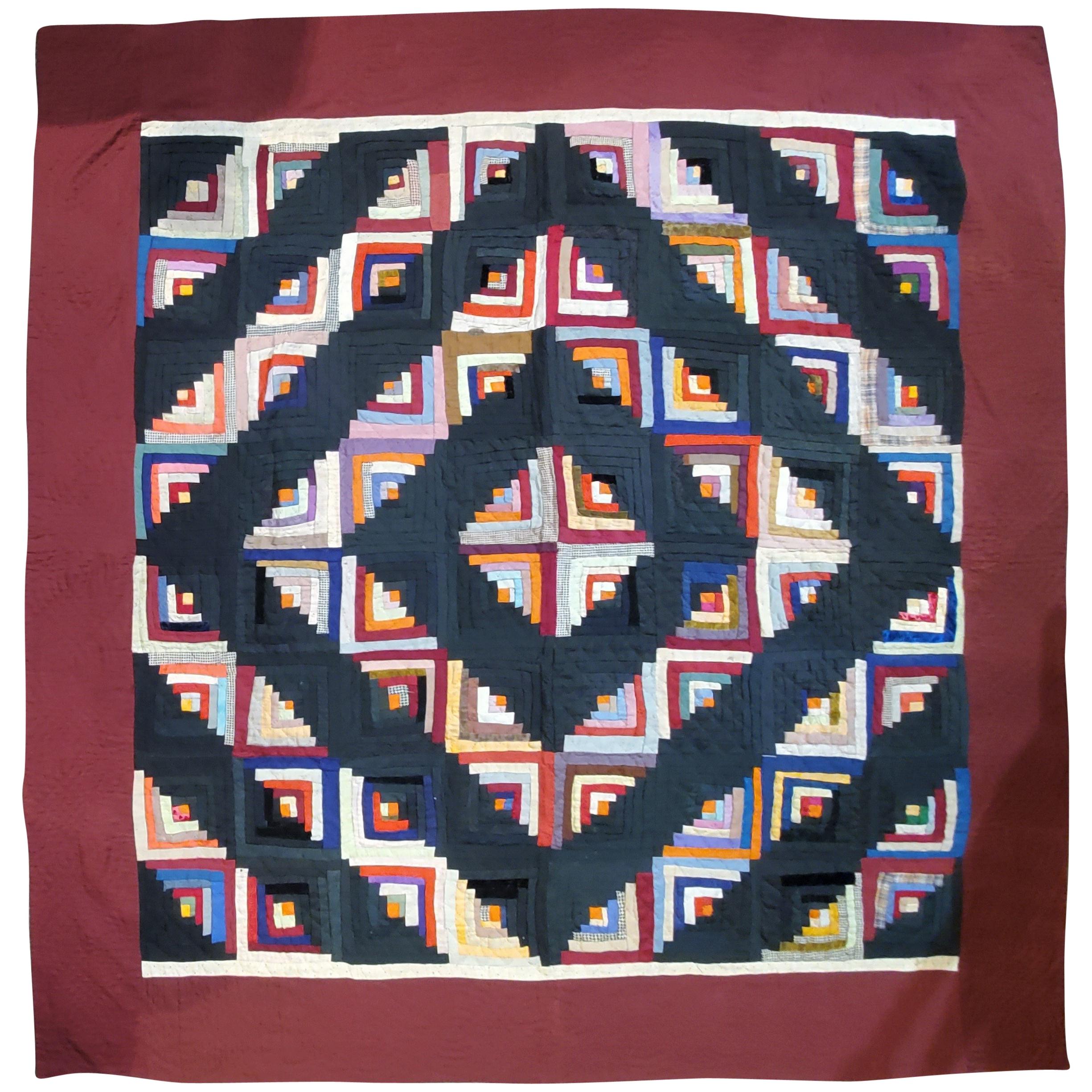 19th Century Wool Log Cabin Quilt from Pennsylvania For Sale