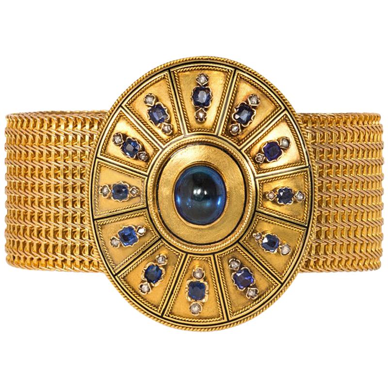 Antique Woven Gold Bracelet with Removable Sapphire and Diamond Centerpiece