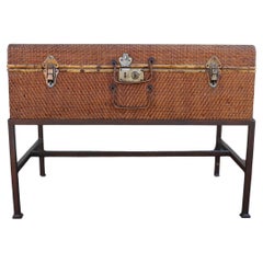 19th Century Woven Rattan & Bamboo Trunk on Metal Stand