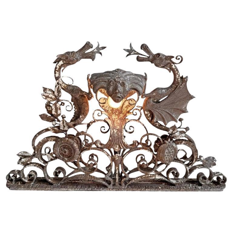 19th Century Wrought and Cast Iron Illuminated Neo-Gothic Overdoor For Sale