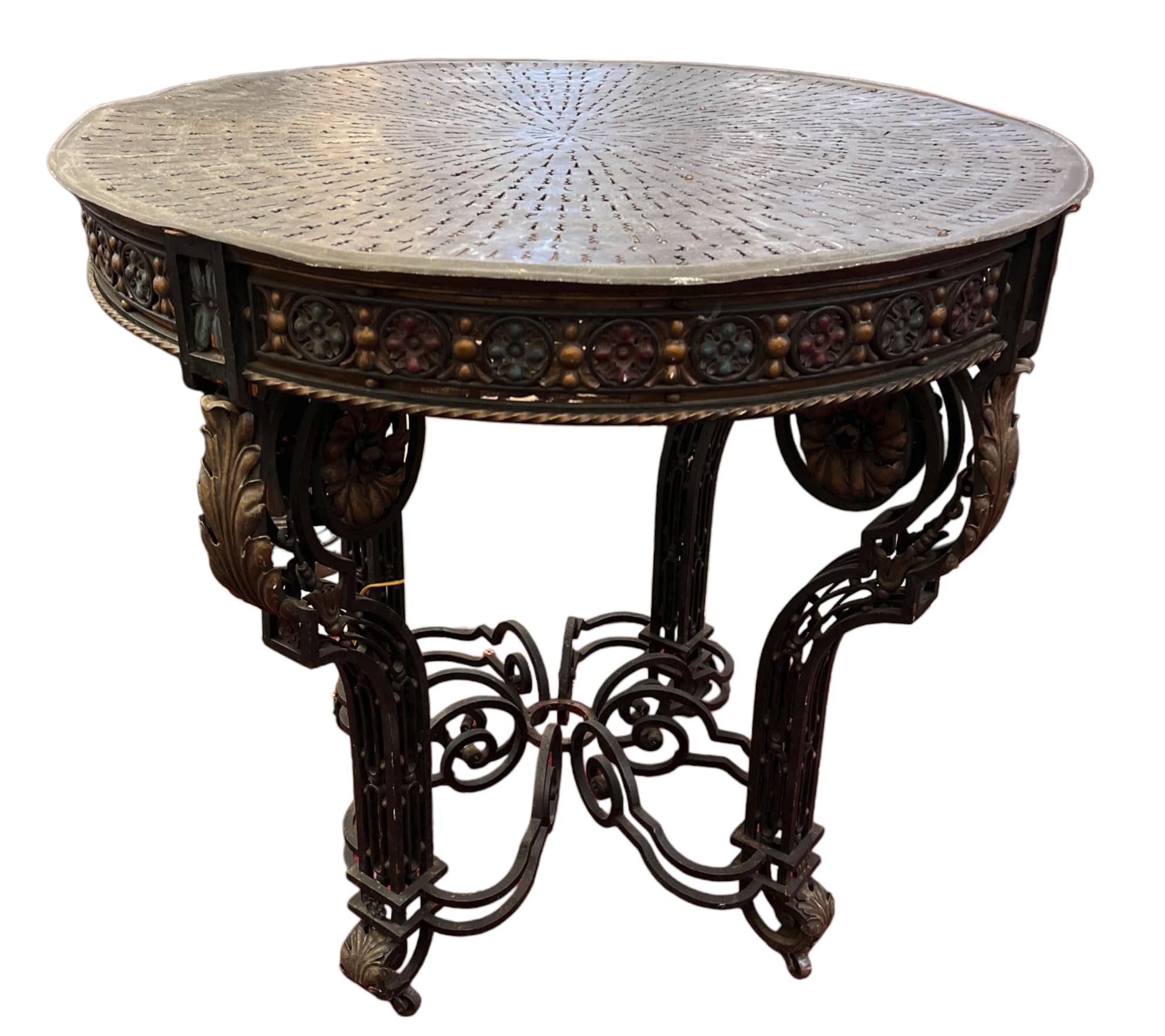Hand-Crafted 19th Century Wrought Iron 32 Inch Round Table With Built-In Light For Sale
