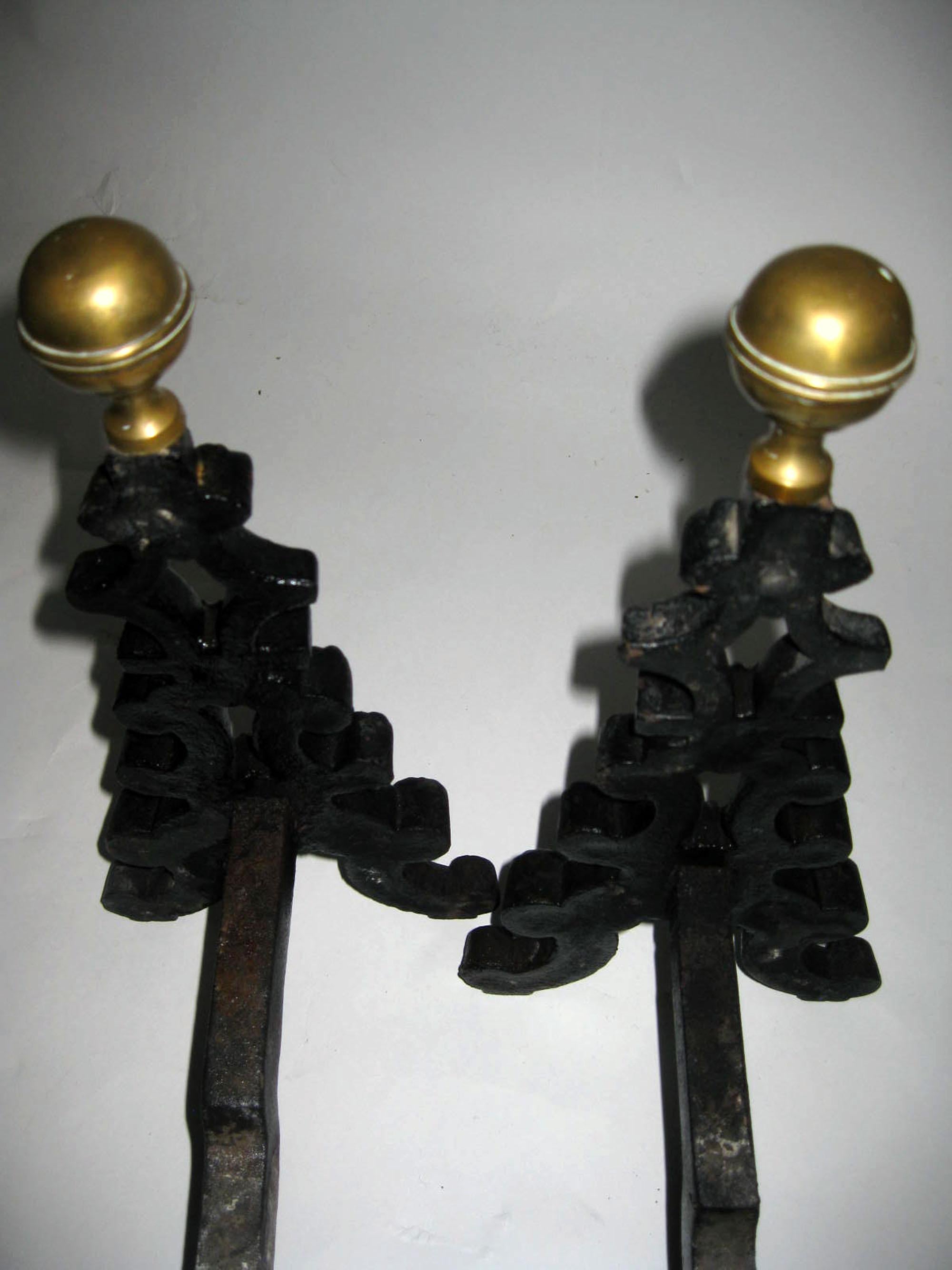 19th Century Wrought Iron and Brass Firedog Andirons For Sale 4