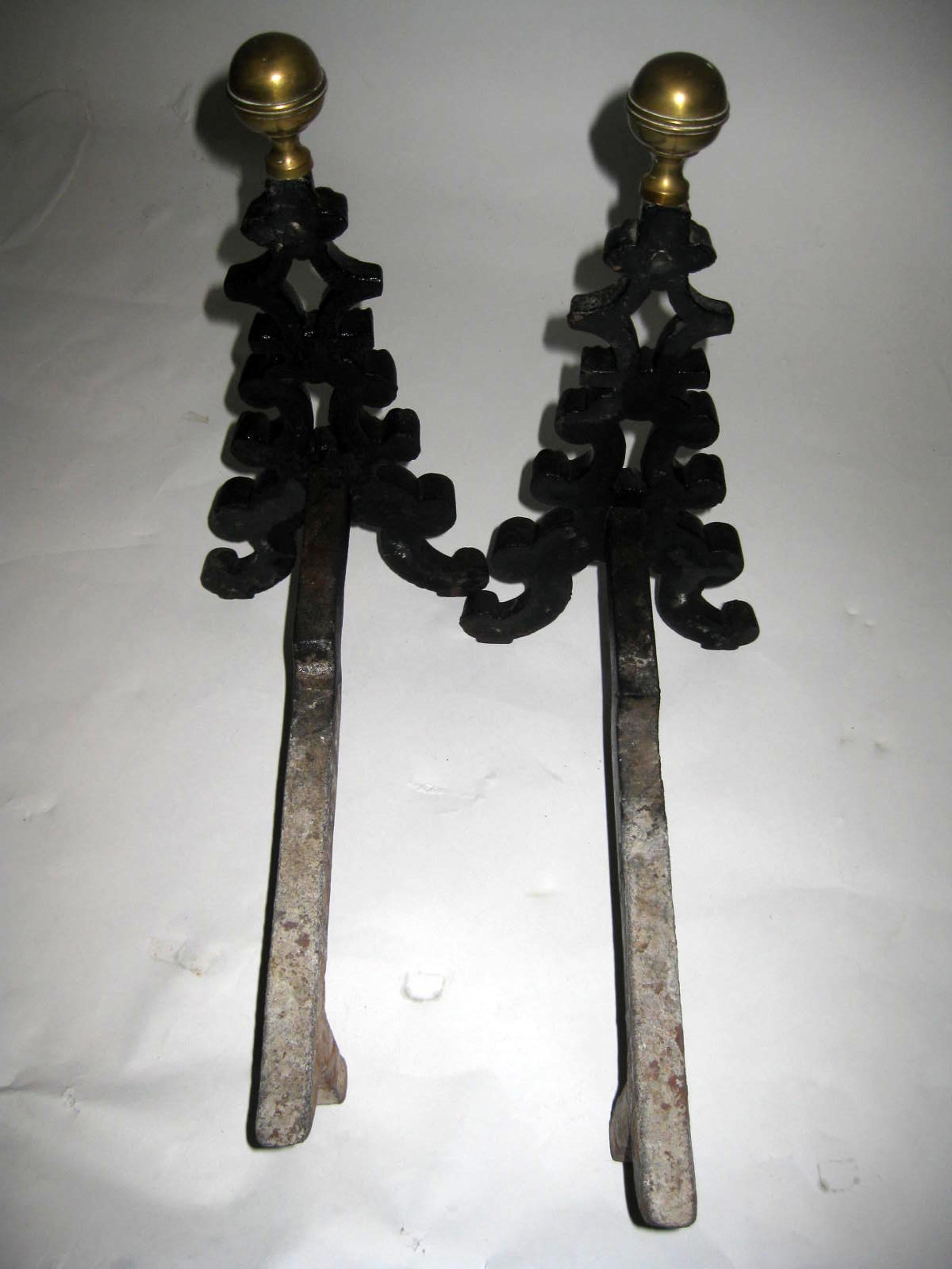 19th Century Wrought Iron and Brass Firedog Andirons For Sale 5