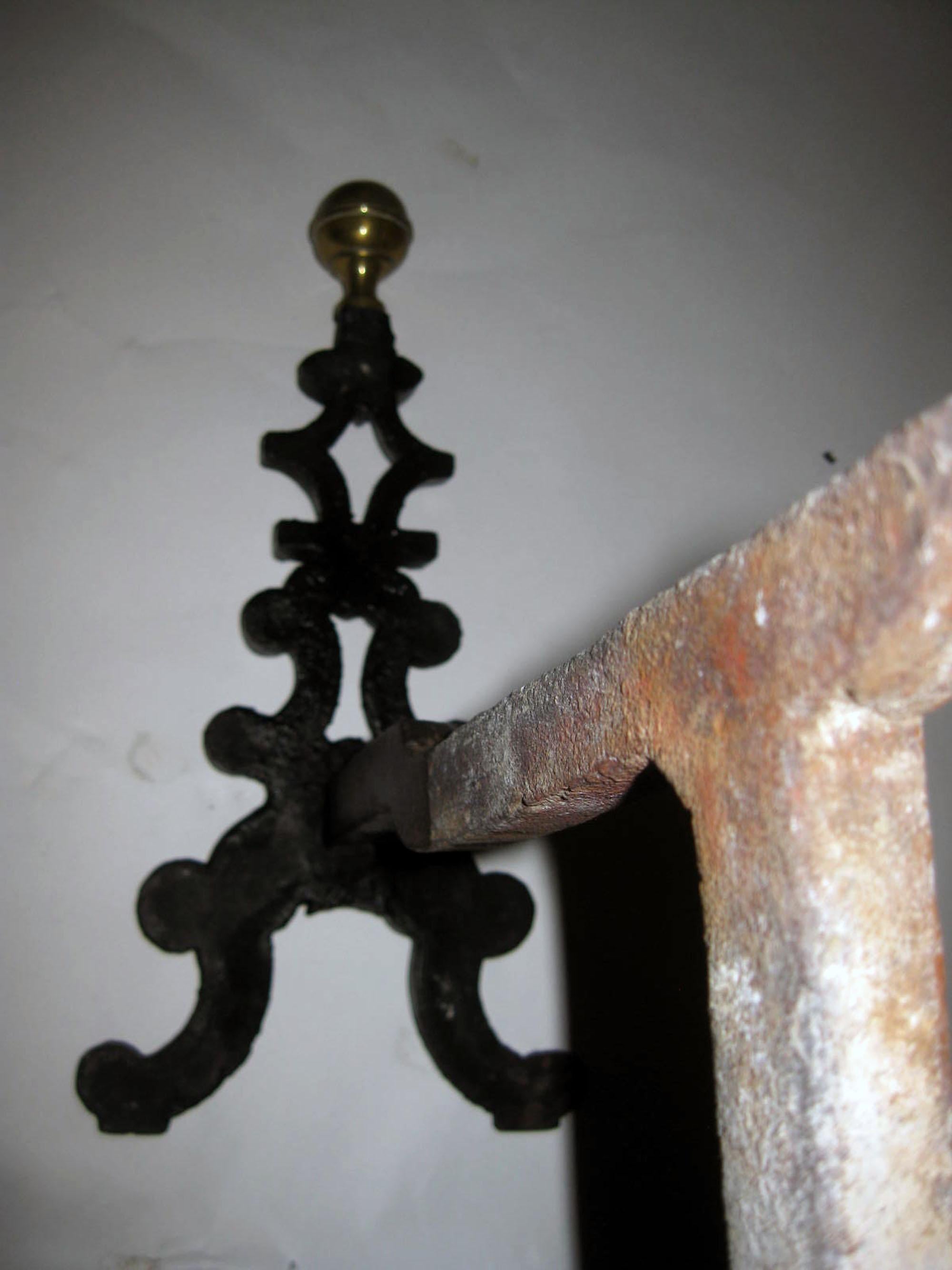 Folk Art 19th Century Wrought Iron and Brass Firedog Andirons For Sale