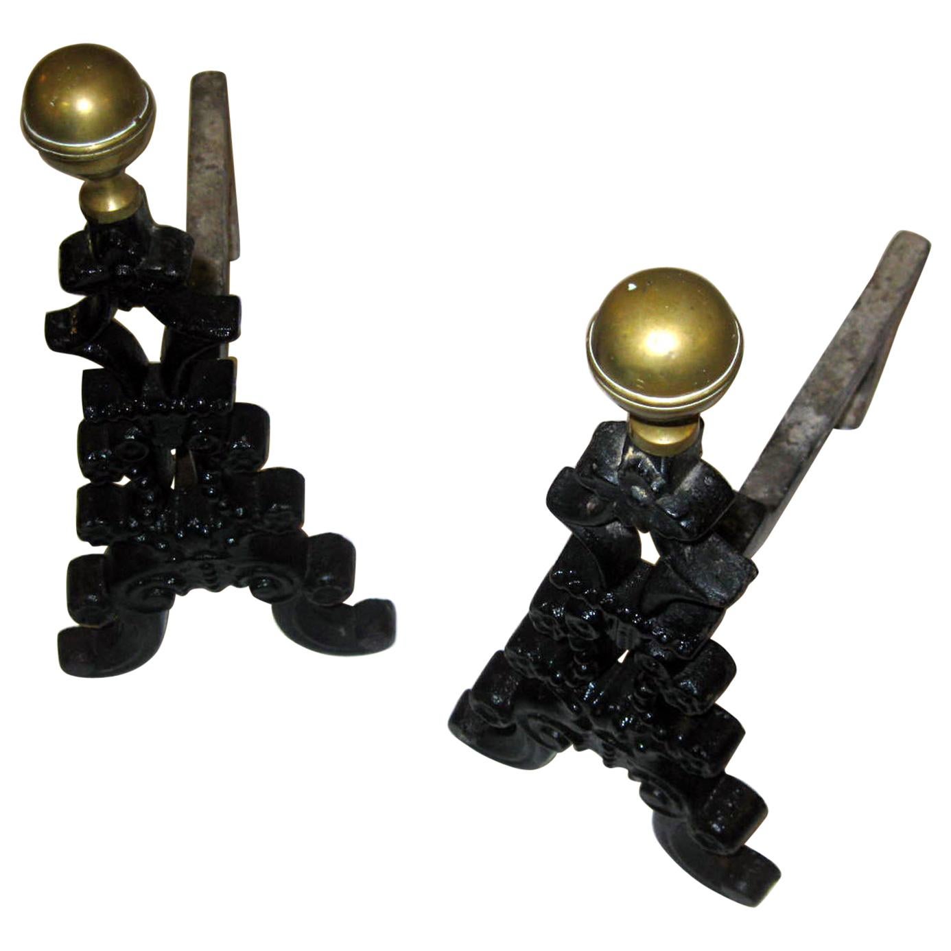 19th Century Wrought Iron and Brass Firedog Andirons For Sale