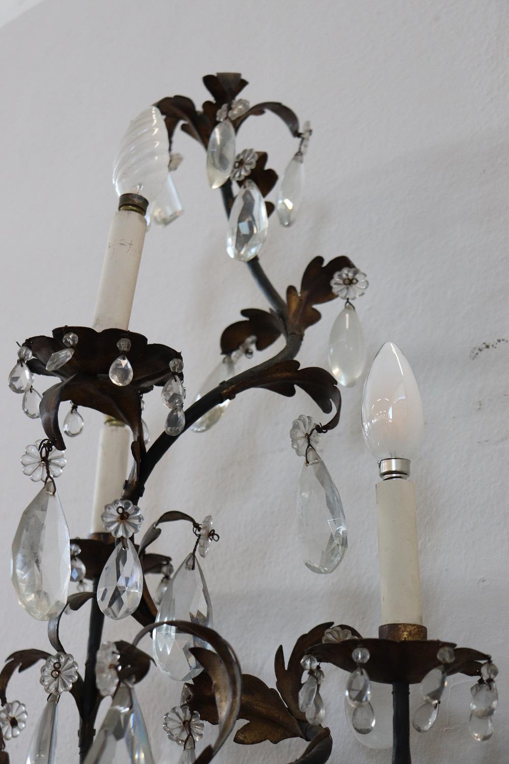 19th Century Wrought Iron and Crystal Drops Pair of Wall Lights or Sconces 5