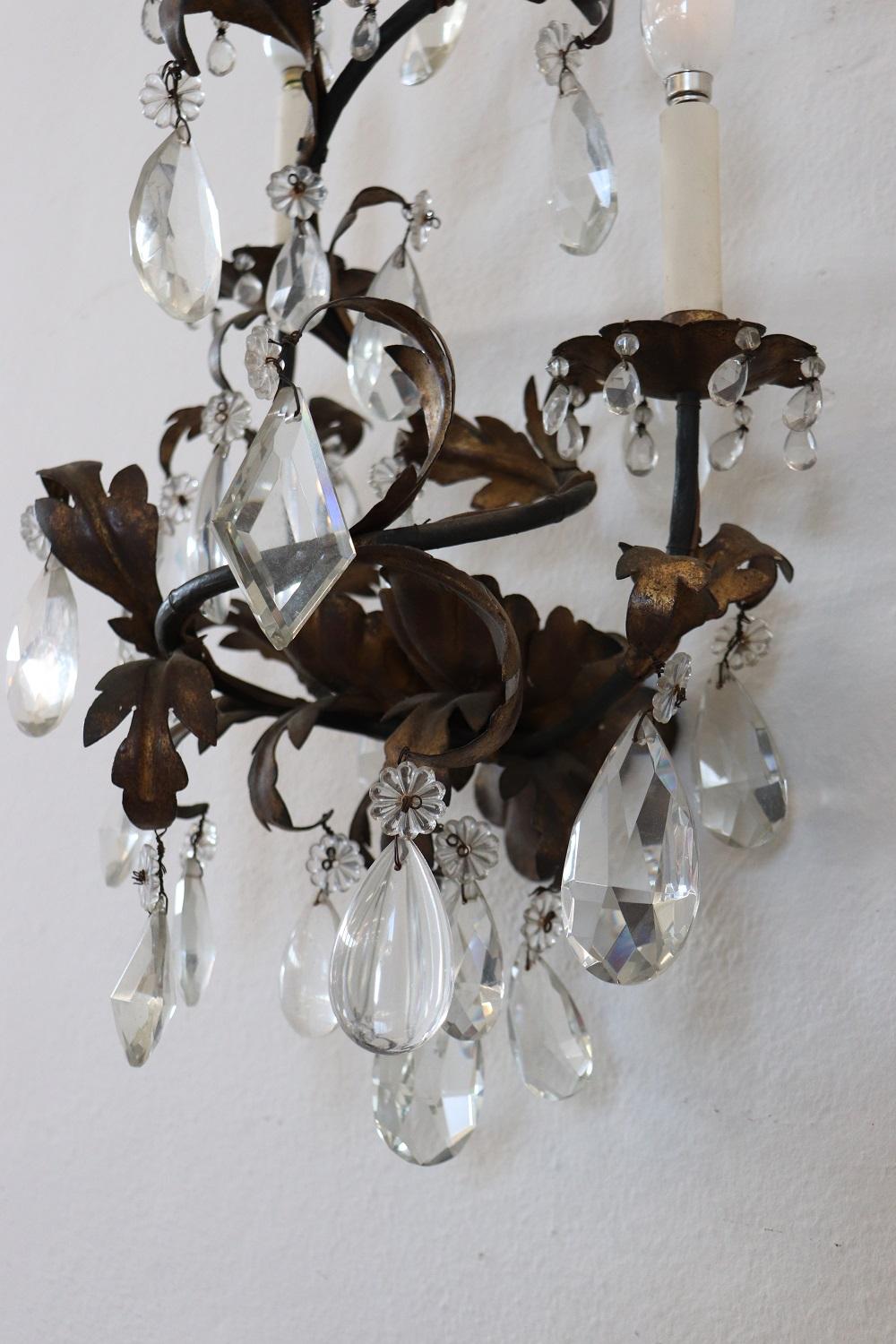 19th Century Wrought Iron and Crystal Drops Pair of Wall Lights or Sconces 6
