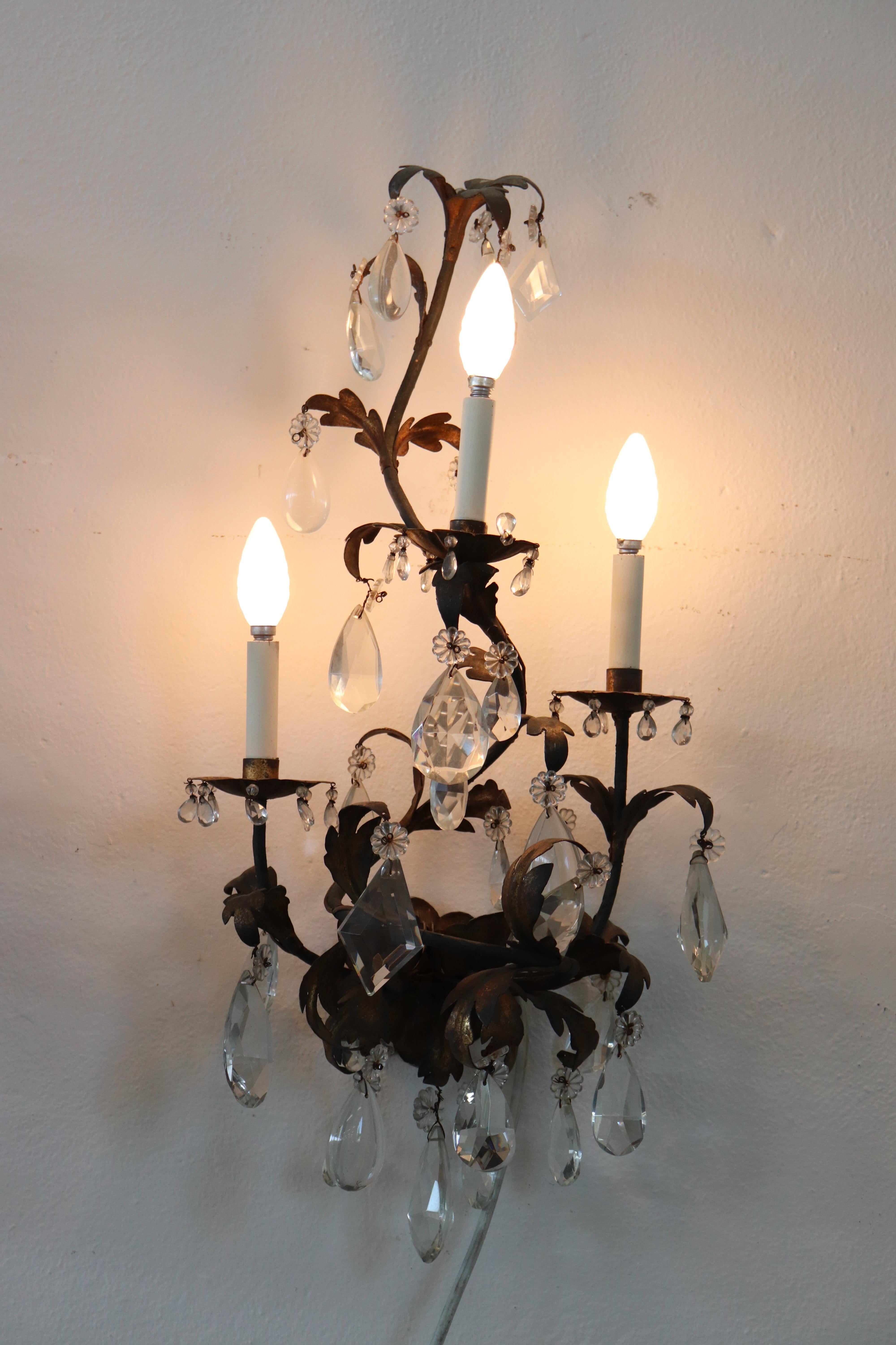 Italian 19th Century Wrought Iron and Crystal Drops Pair of Wall Lights or Sconces