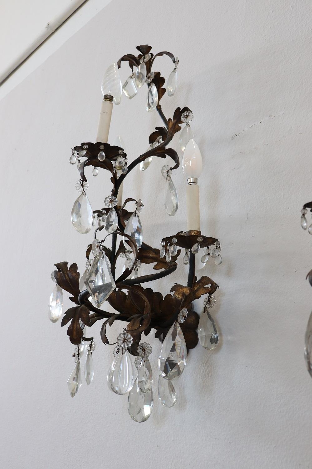 Late 19th Century 19th Century Wrought Iron and Crystal Drops Pair of Wall Lights or Sconces