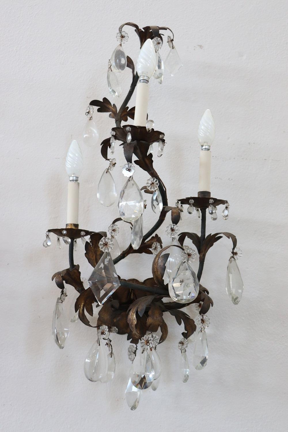 19th Century Wrought Iron and Crystal Drops Pair of Wall Lights or Sconces 1