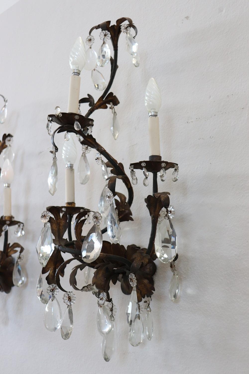 19th Century Wrought Iron and Crystal Drops Pair of Wall Lights or Sconces 2