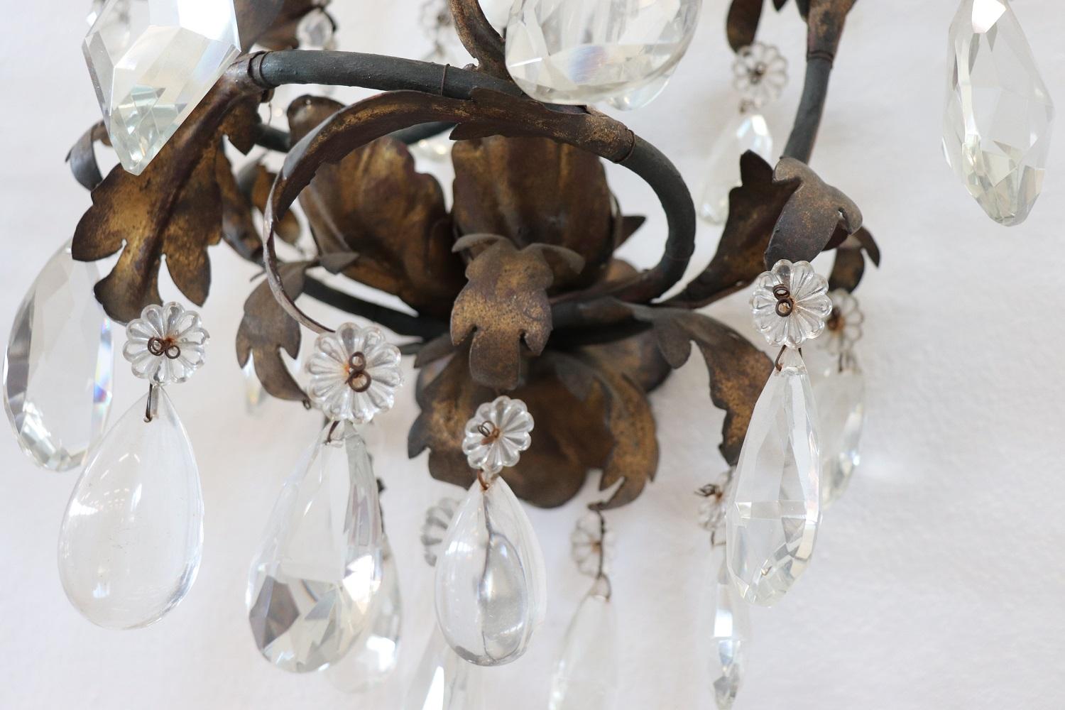 19th Century Wrought Iron and Crystal Drops Pair of Wall Lights or Sconces 3