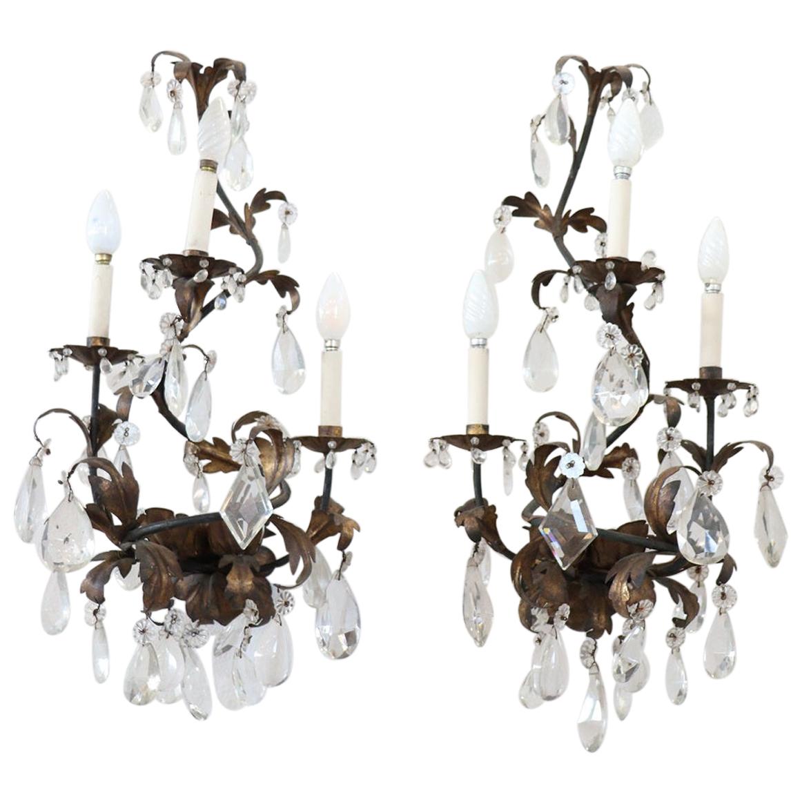 19th Century Wrought Iron and Crystal Drops Pair of Wall Lights or Sconces