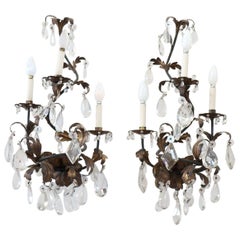 19th Century Wrought Iron and Crystal Drops Pair of Wall Lights or Sconces