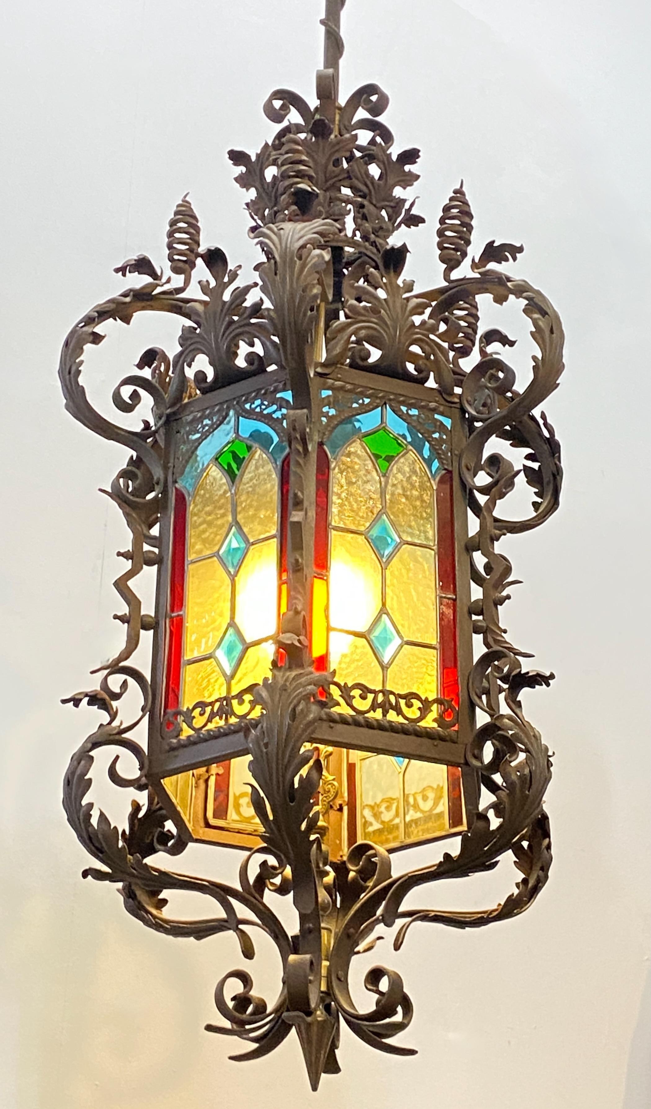 American 19th Century Wrought Iron and Glass Lantern
