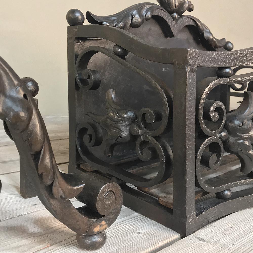 19th Century Wrought Iron Andiron & Firebox Set For Sale 3