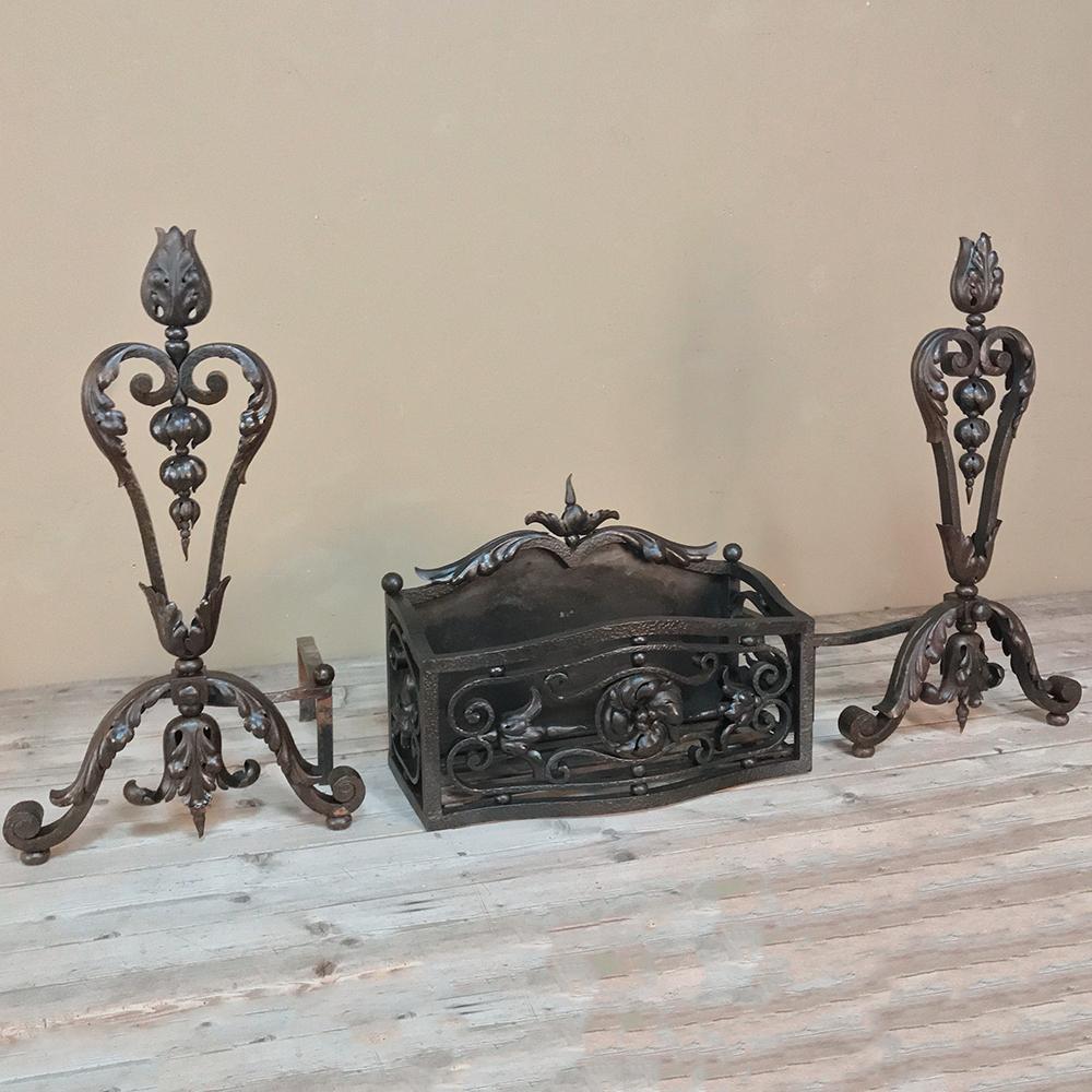 19th century wrought iron andiron & firebox set is a master work of the blacksmith's art, forged from red-hot iron to last several lifetimes! The intricate scrollwork and foliate motifs are the mark of a true master craftsman! The firebox is a
