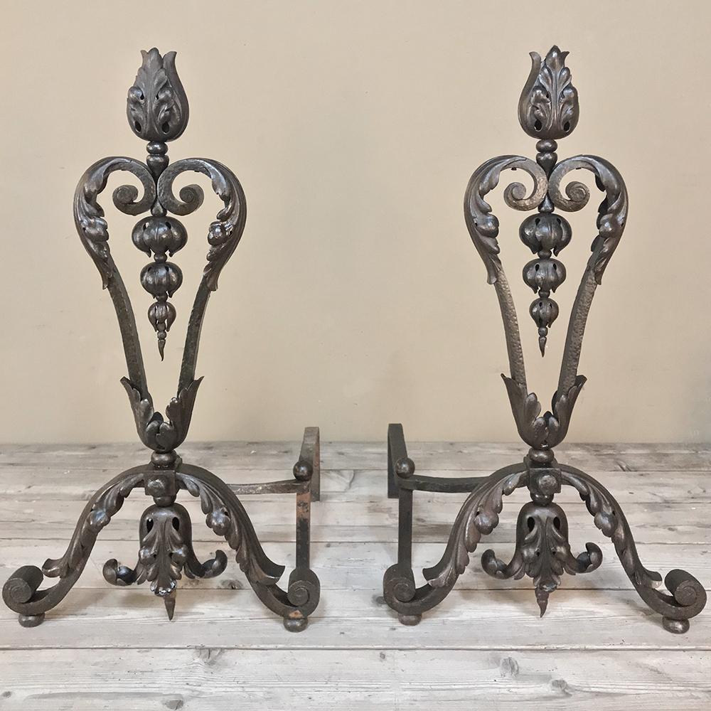 French 19th Century Wrought Iron Andiron & Firebox Set For Sale