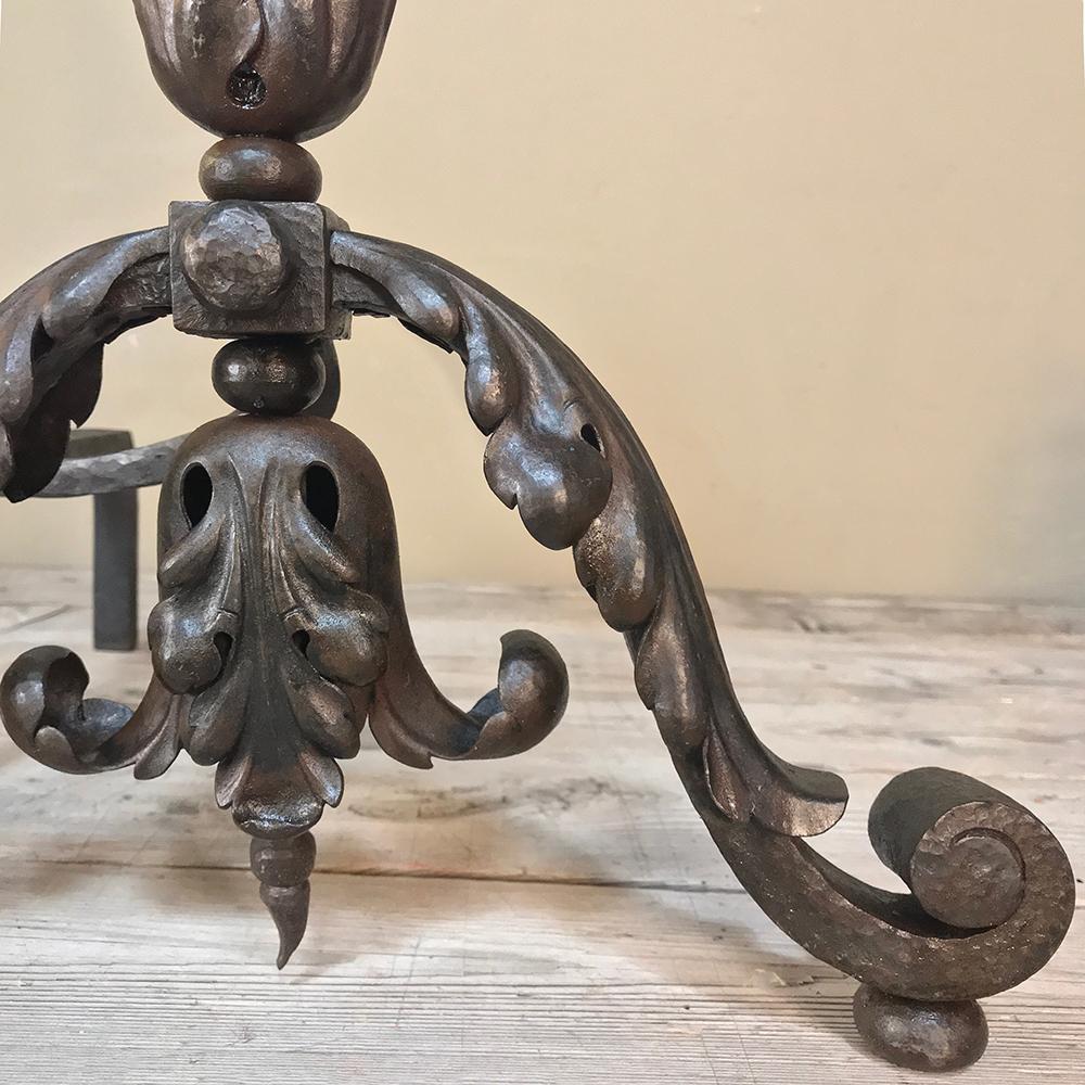 Hand-Crafted 19th Century Wrought Iron Andiron & Firebox Set For Sale