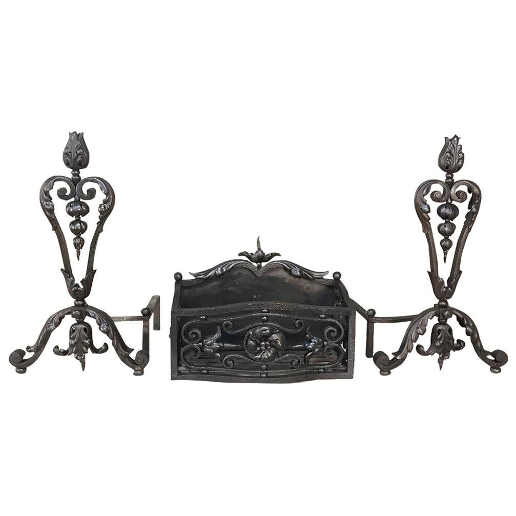 19th Century Wrought Iron Andiron & Firebox Set For Sale