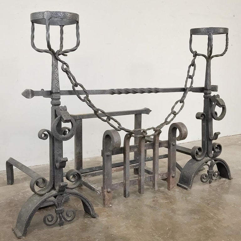 19th Century Wrought Iron Andiron Fireplace Set at 1stDibs