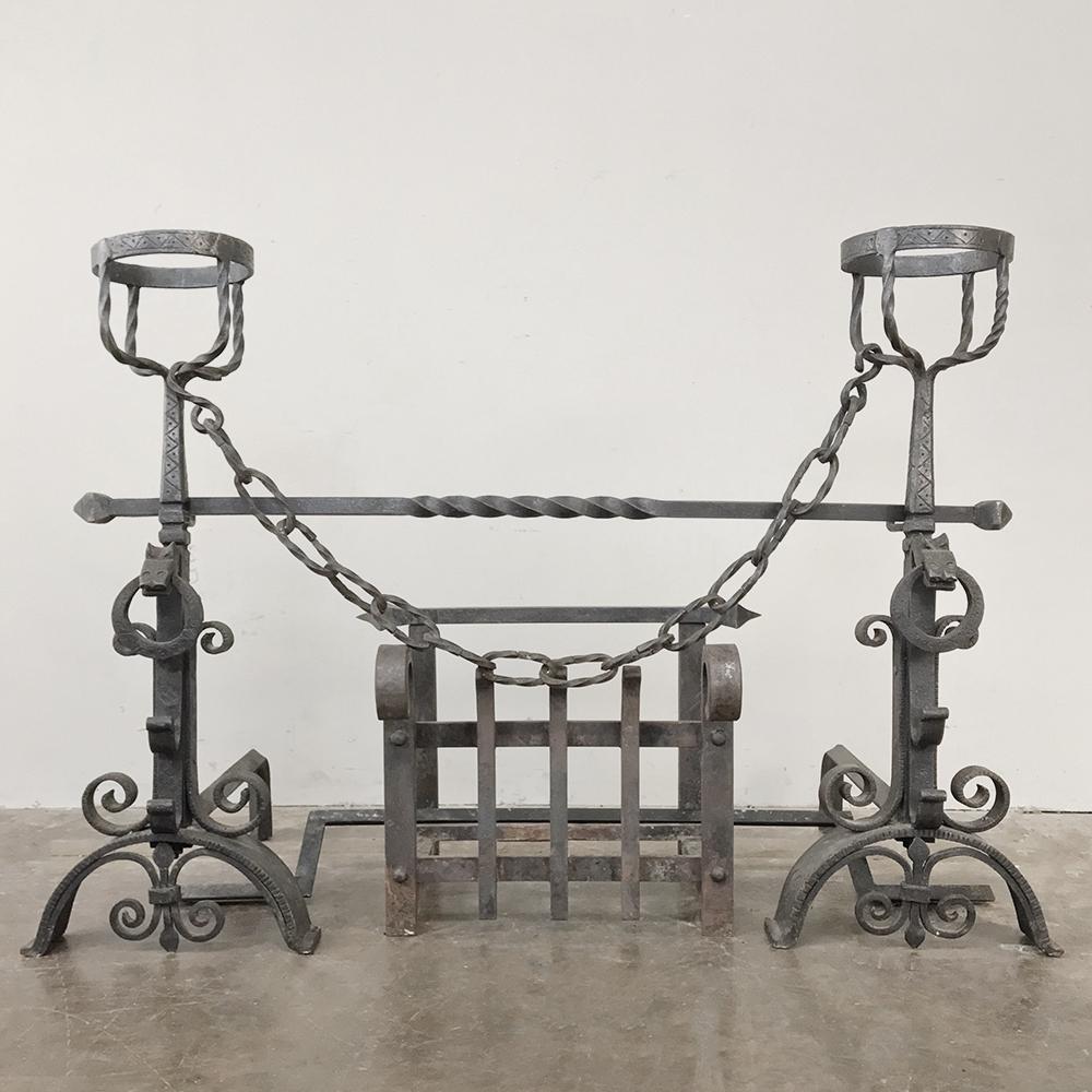 Hand-Crafted 19th Century Wrought Iron Andiron Fireplace Set