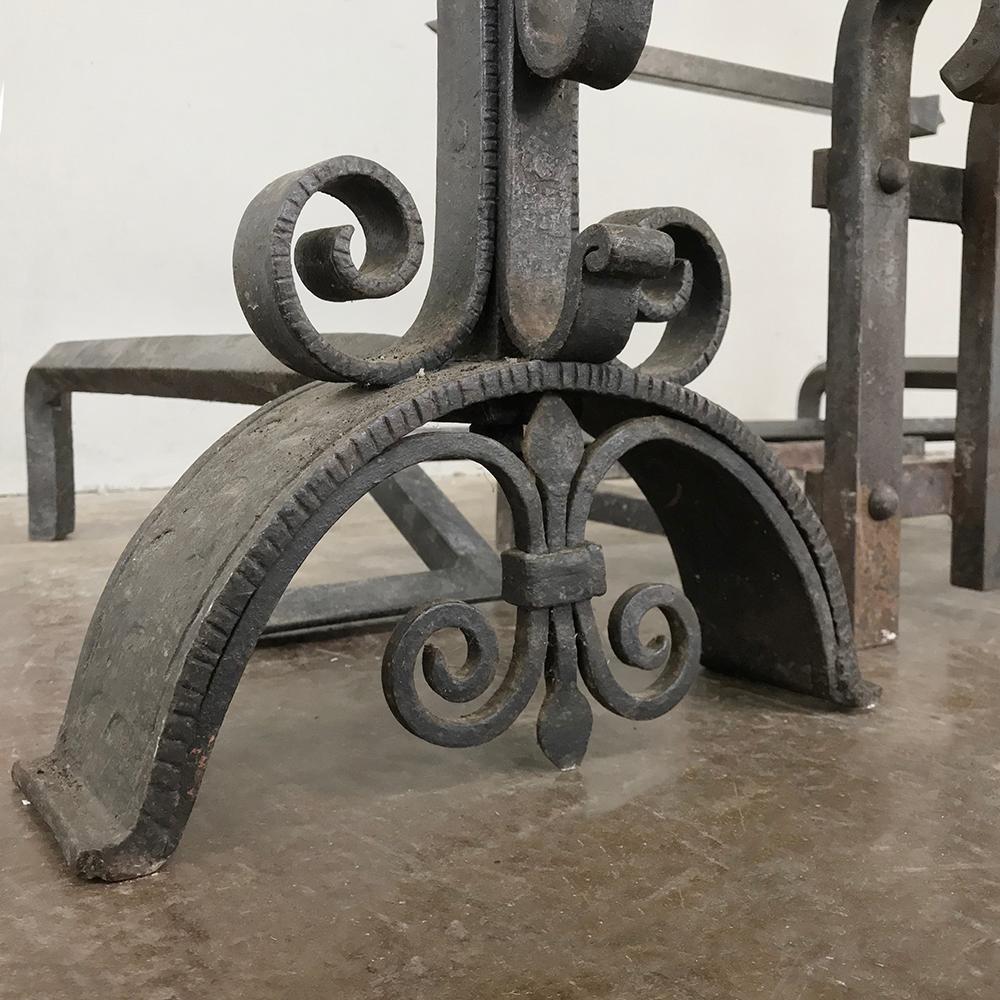19th Century Wrought Iron Andiron Fireplace Set In Good Condition In Dallas, TX