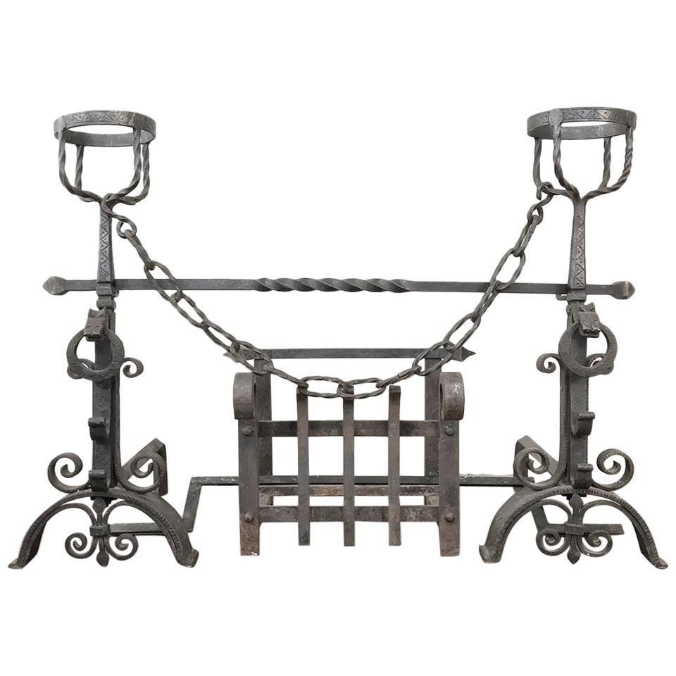 19th Century Wrought Iron Andiron Fireplace Set