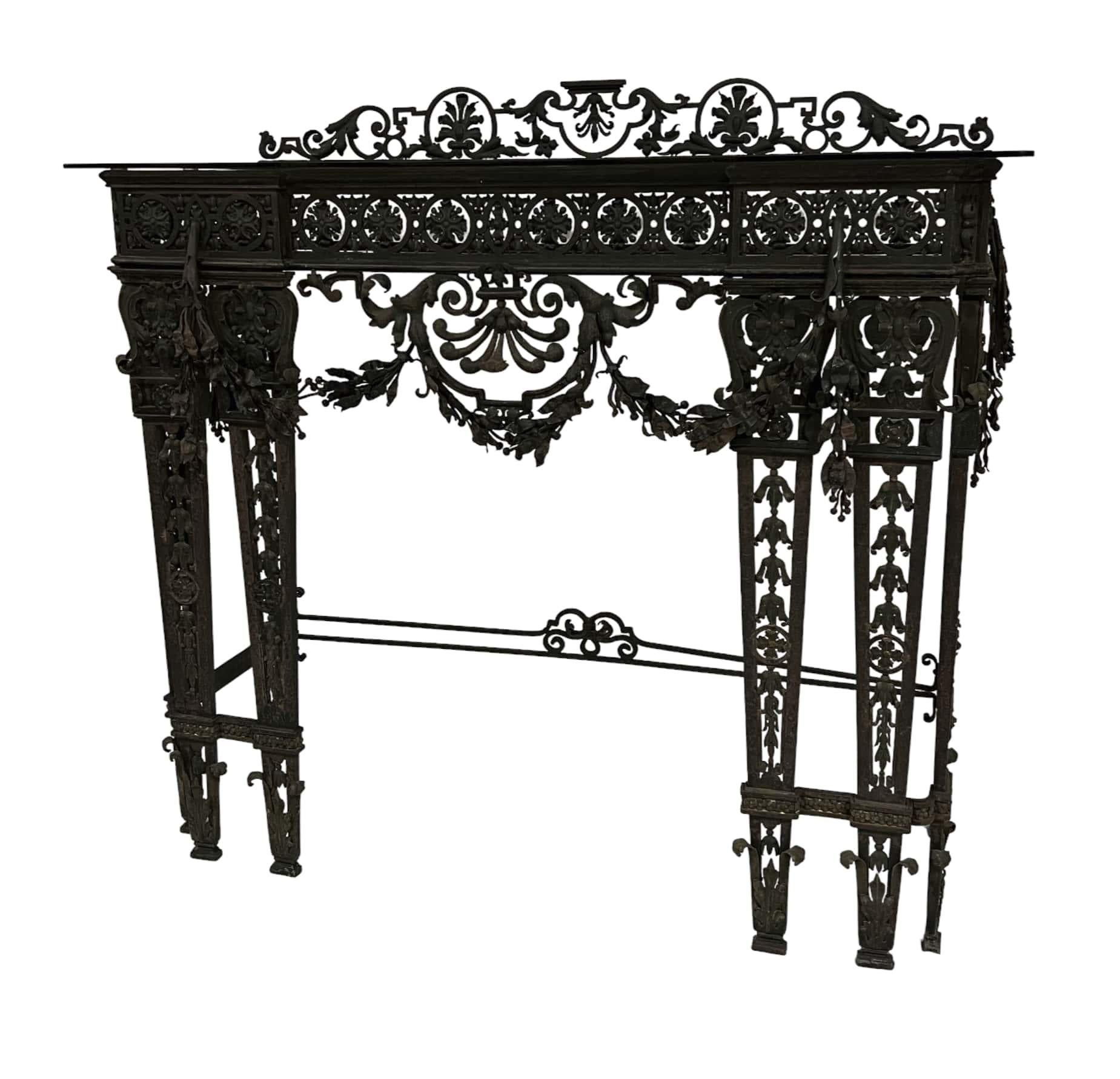 Glass 19th Century Wrought Iron Console Table For Sale