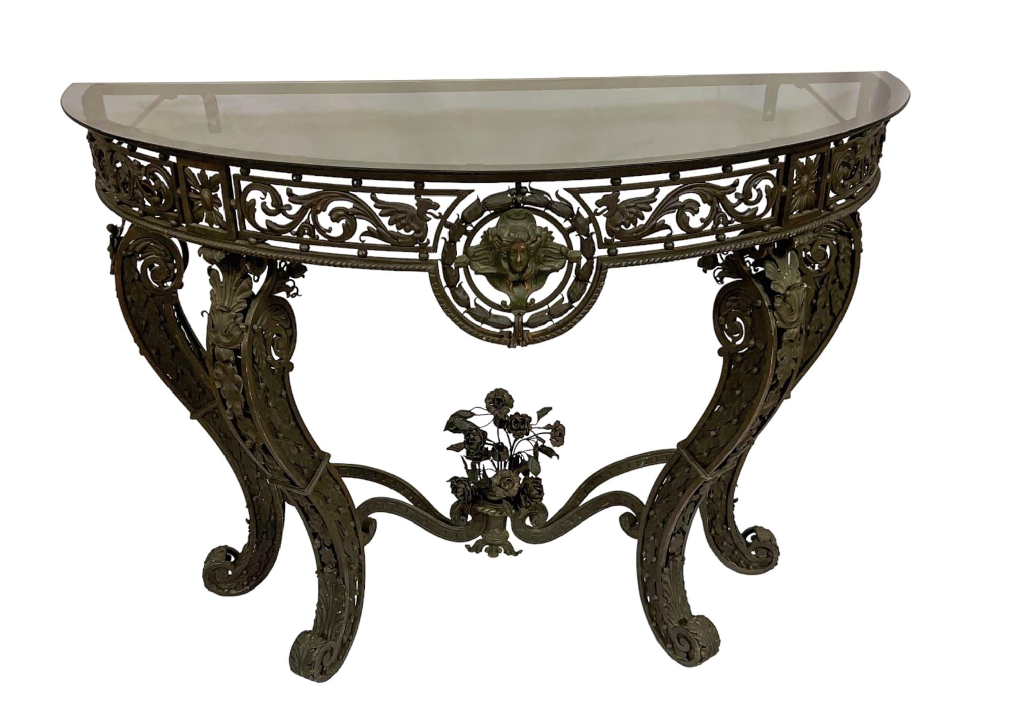 American 19th Century Wrought Iron Demi-lune Console Table For Sale