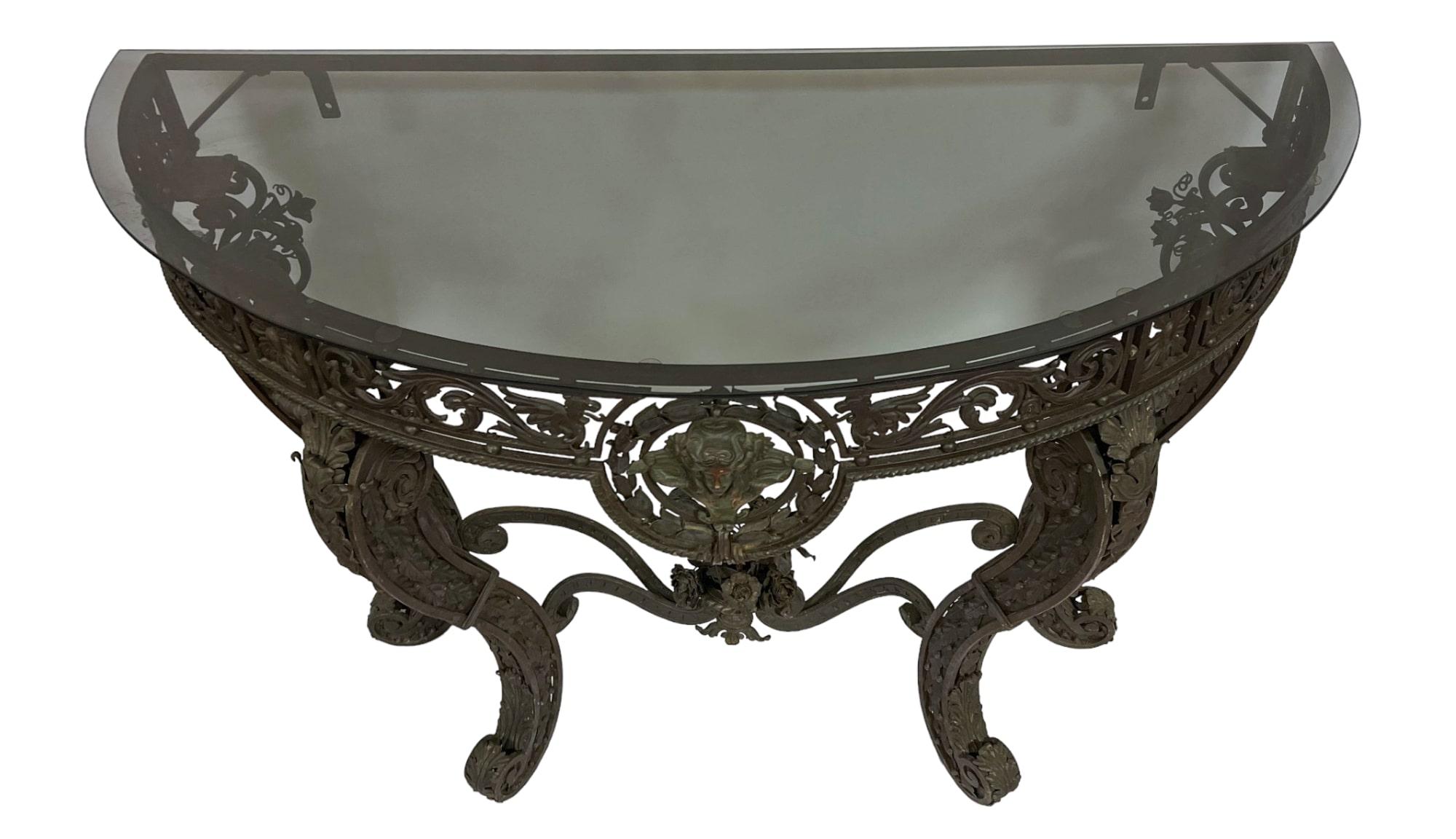 Hand-Crafted 19th Century Wrought Iron Demi-lune Console Table For Sale