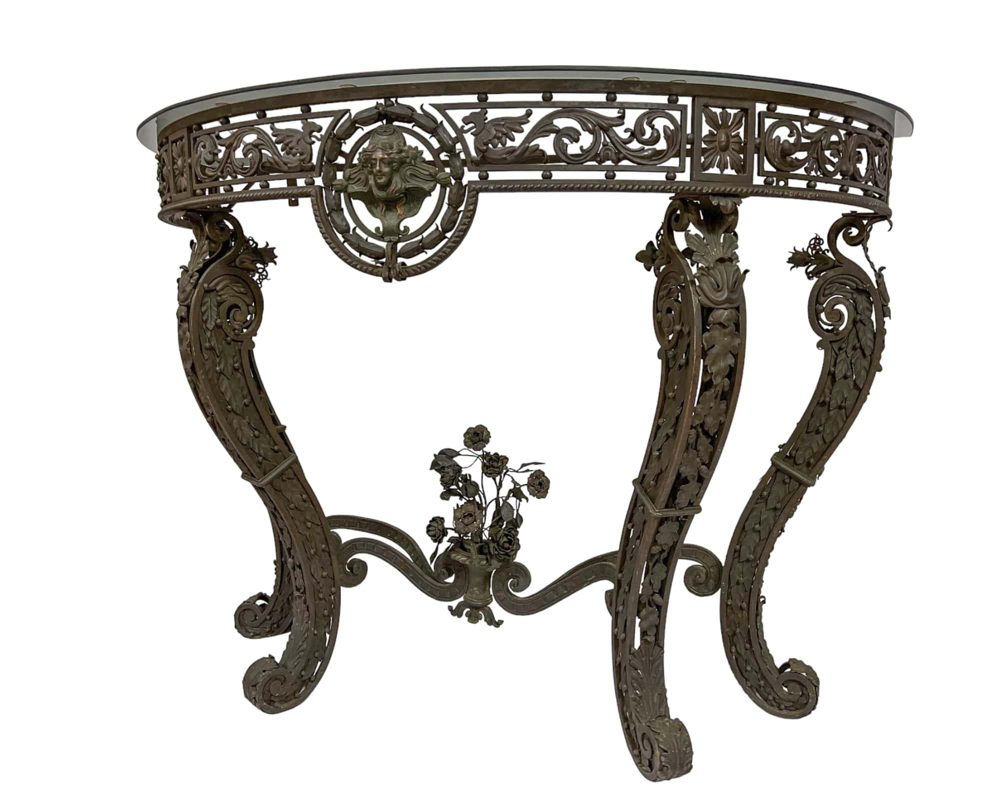 19th Century Wrought Iron Demi-lune Console Table In Good Condition For Sale In Palm Beach Gardens, FL