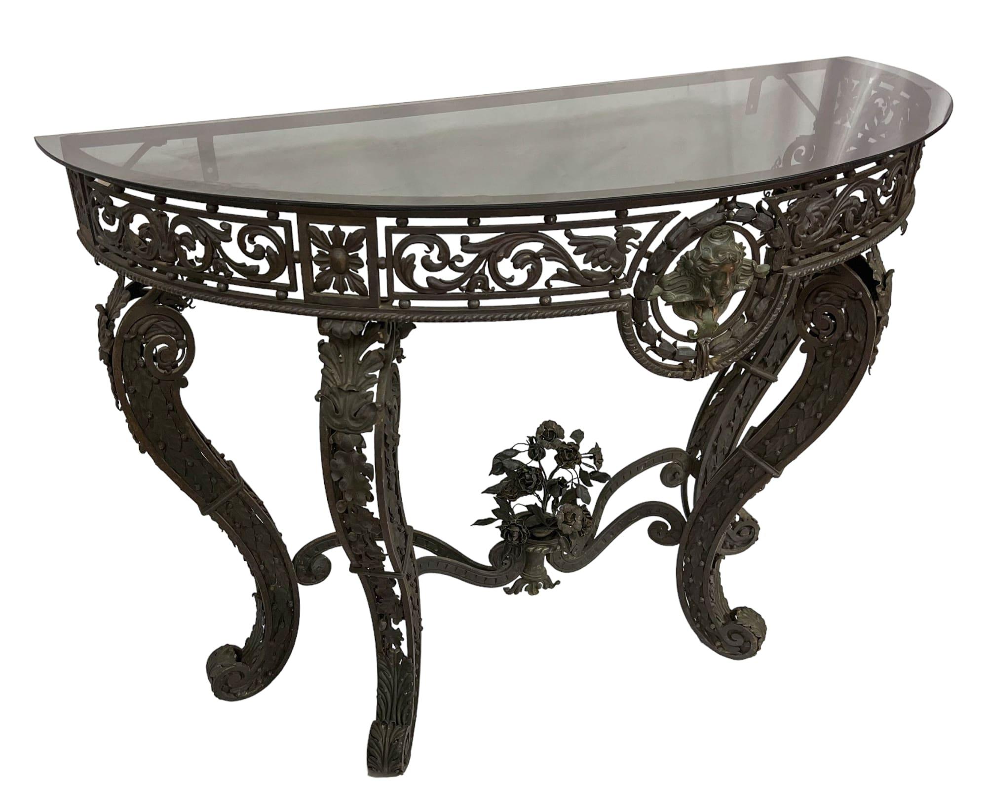 Forged 19th Century Wrought Iron Demi-lune Console Table For Sale