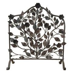 19th Century Wrought Iron Fire Screen with Leaves and Roses