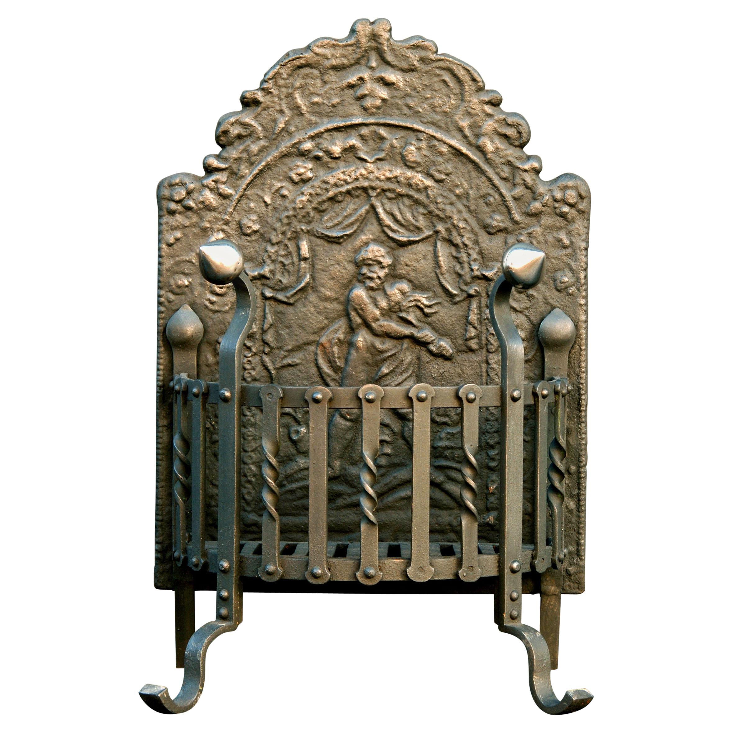 19th Century Wrought Iron Firegrate with Decorative Cast Iron Fireback For Sale