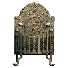 19th Century Wrought Iron Firegrate with Decorative Cast Iron Fireback